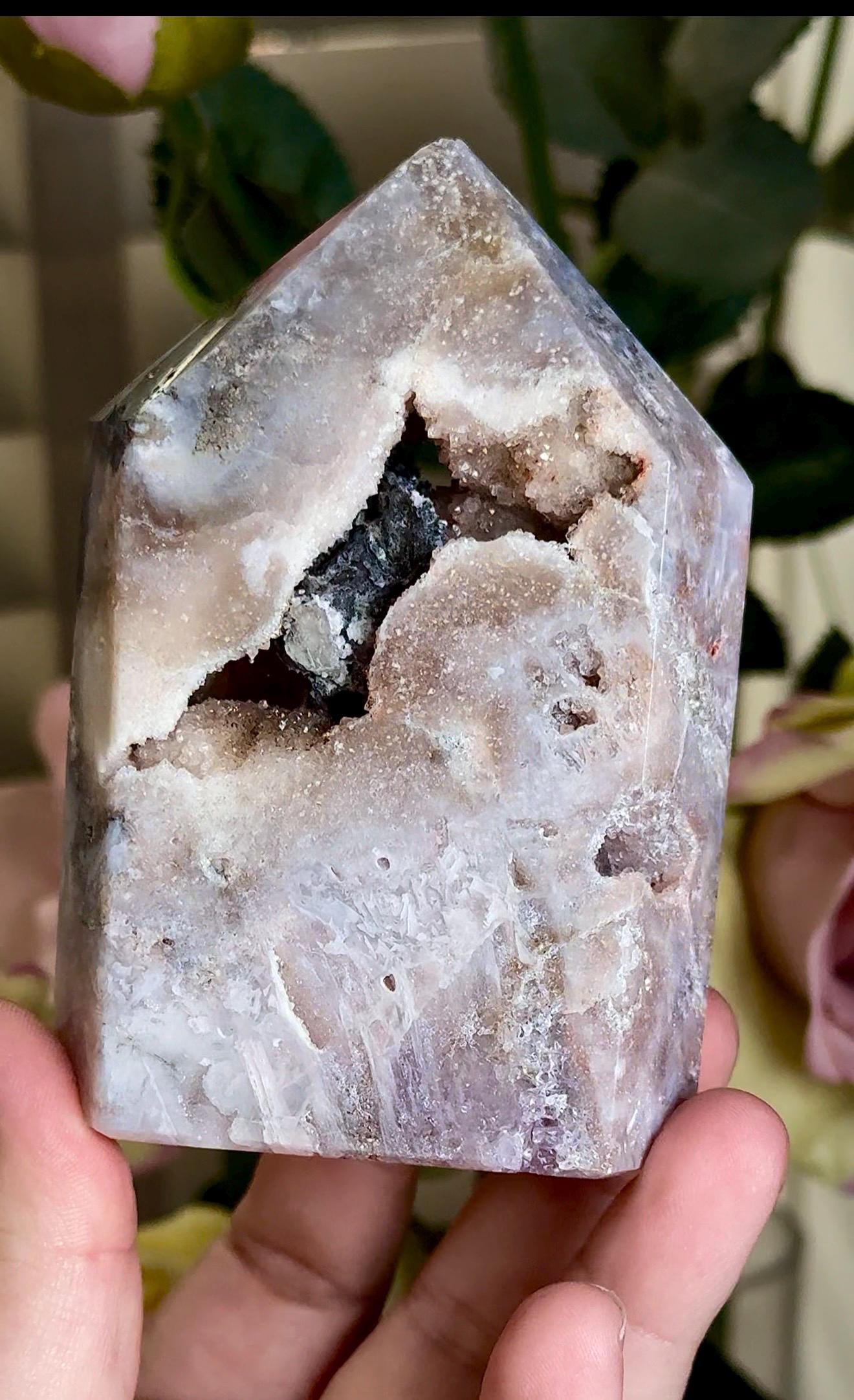 pink amethyst tower, with agate & rutile in neutral tones with black calcite 333g 10cm