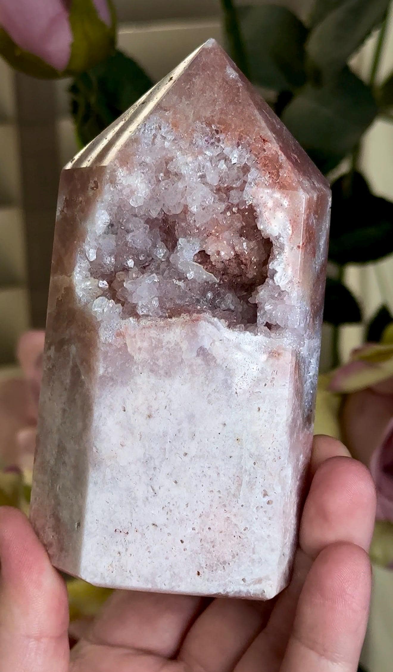 pink amethyst tower with quartz Druze 387g 11.7cm