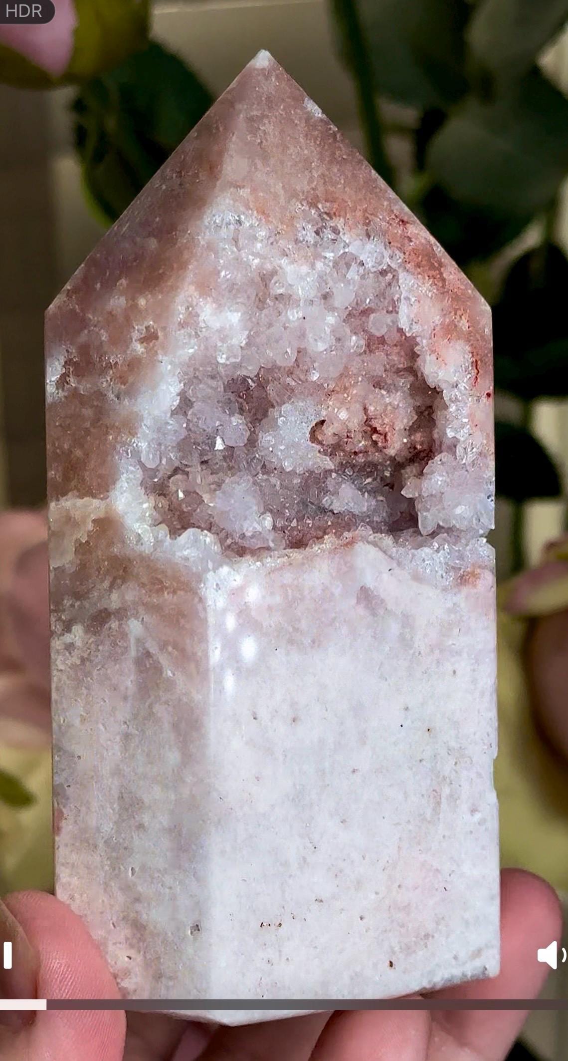 pink amethyst tower with quartz Druze 387g 11.7cm