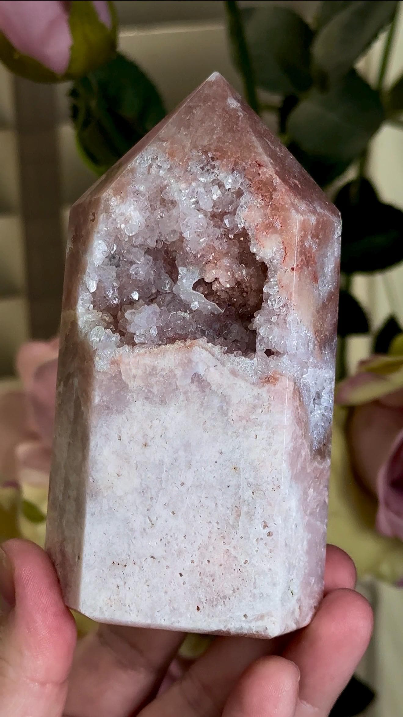 pink amethyst tower with quartz Druze 387g 11.7cm
