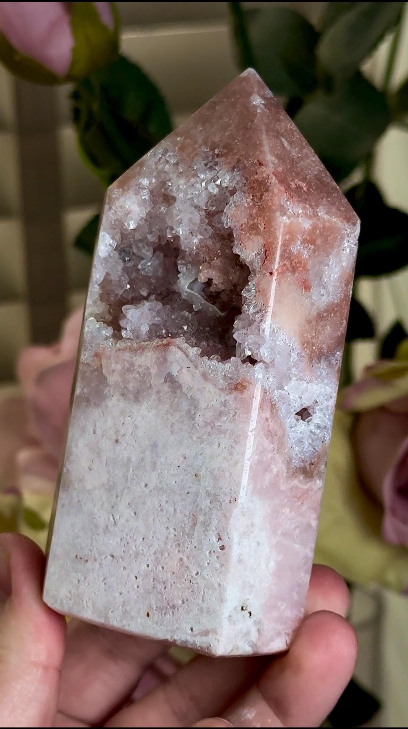 pink amethyst tower with quartz Druze 387g 11.7cm