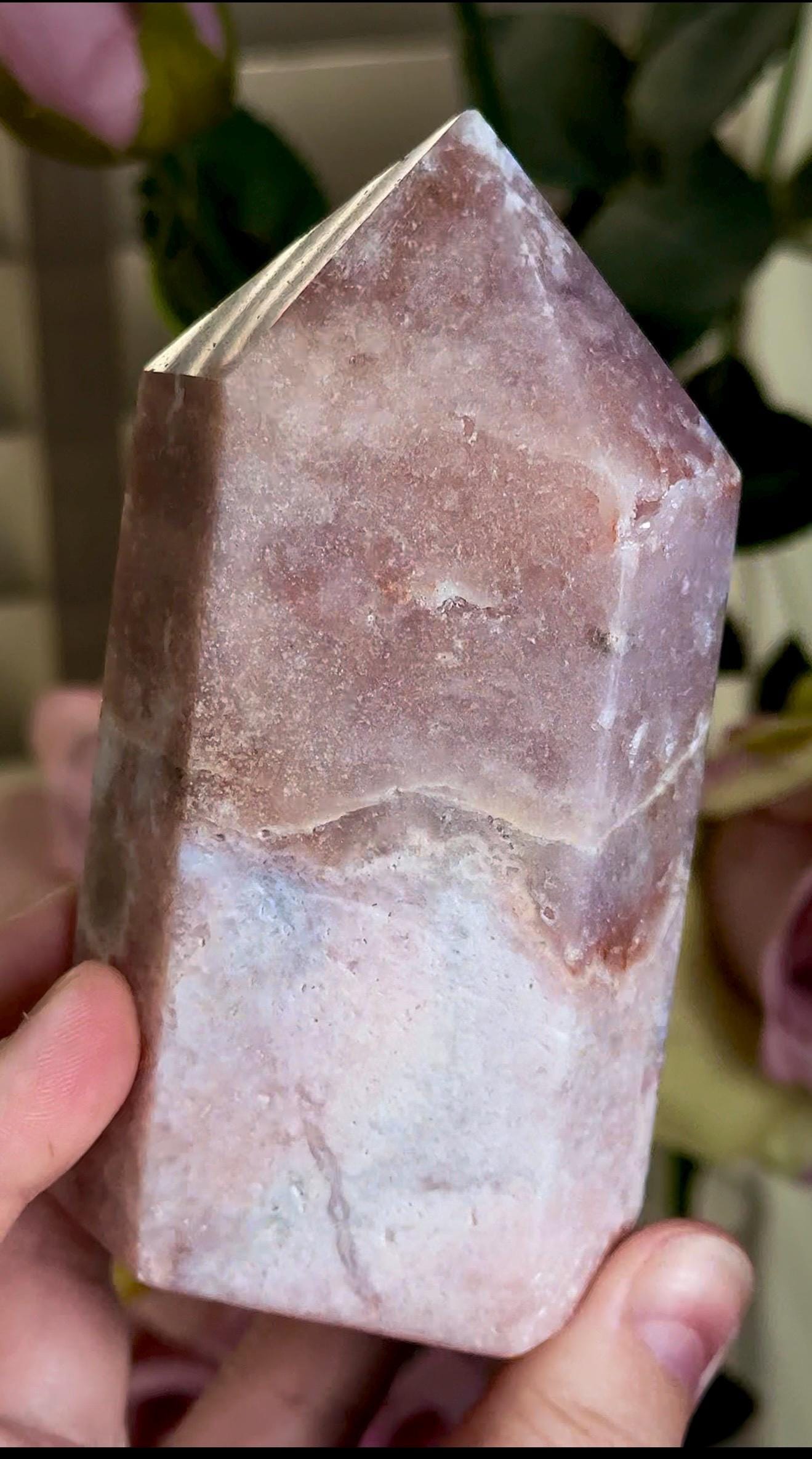 pink amethyst tower with quartz Druze 387g 11.7cm