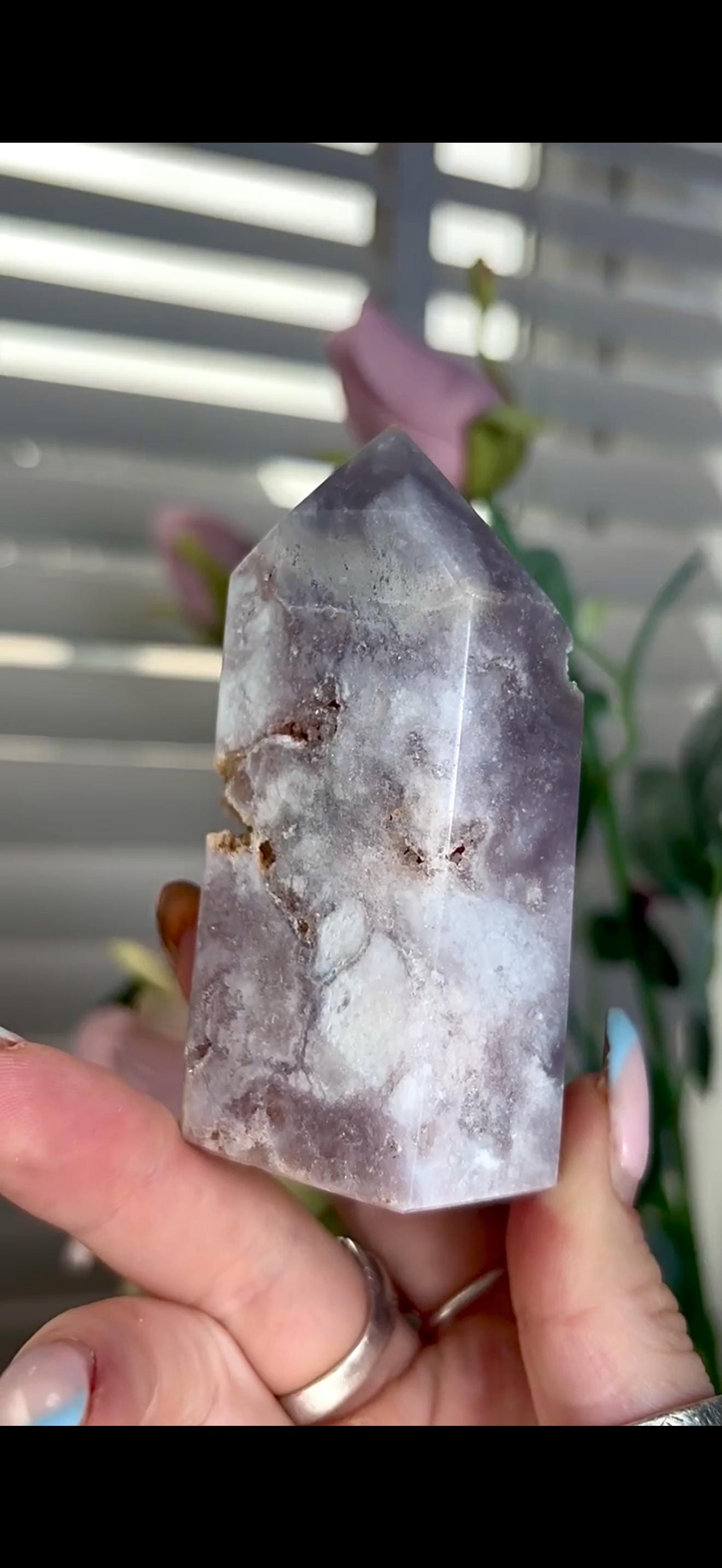 Incredible, pink amethyst tower greyish tones with sugar Druze 203g 8.6cm by 4.5cm