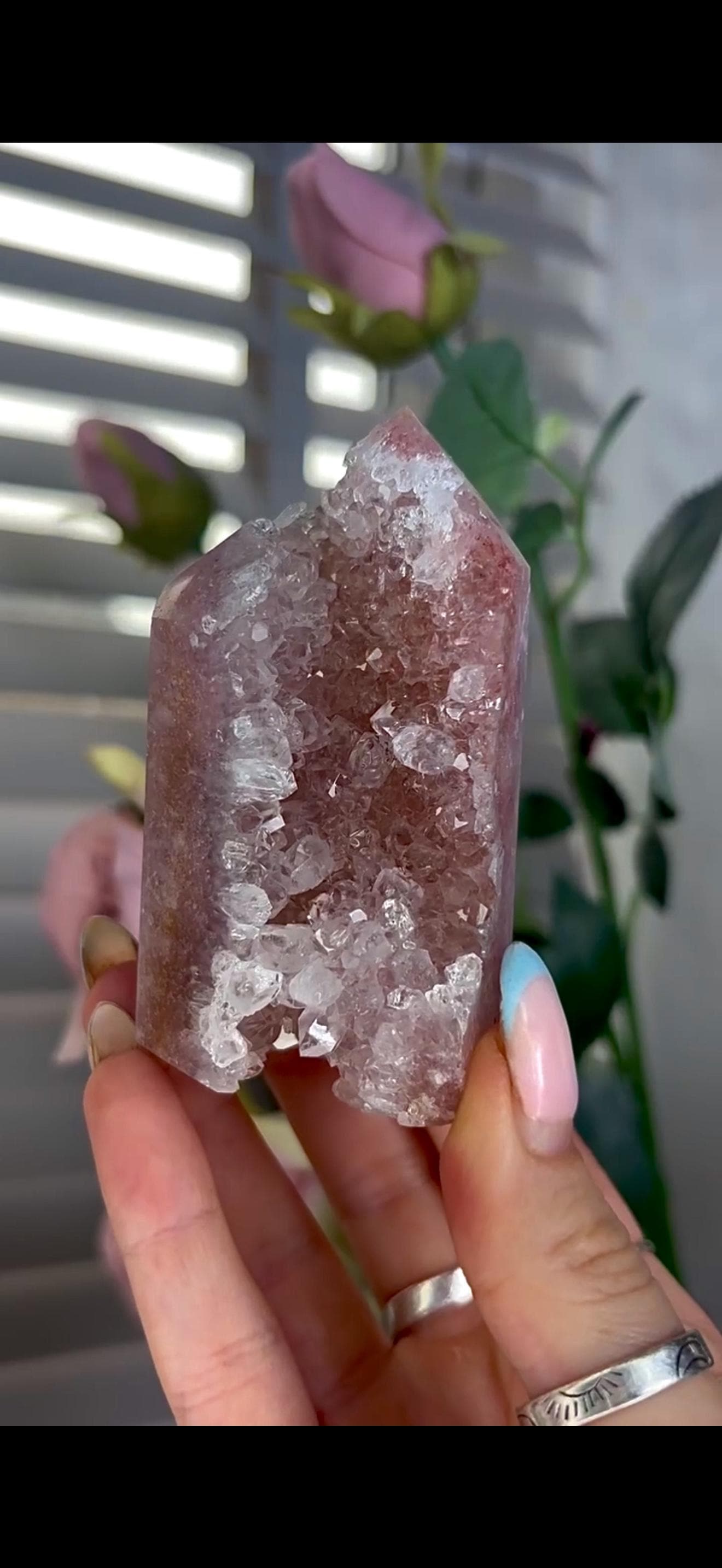 Incredible, high quality, pink amethyst tower in red/pink tones with high quality quartz Druze 234g 8.6cm by 5.6cm