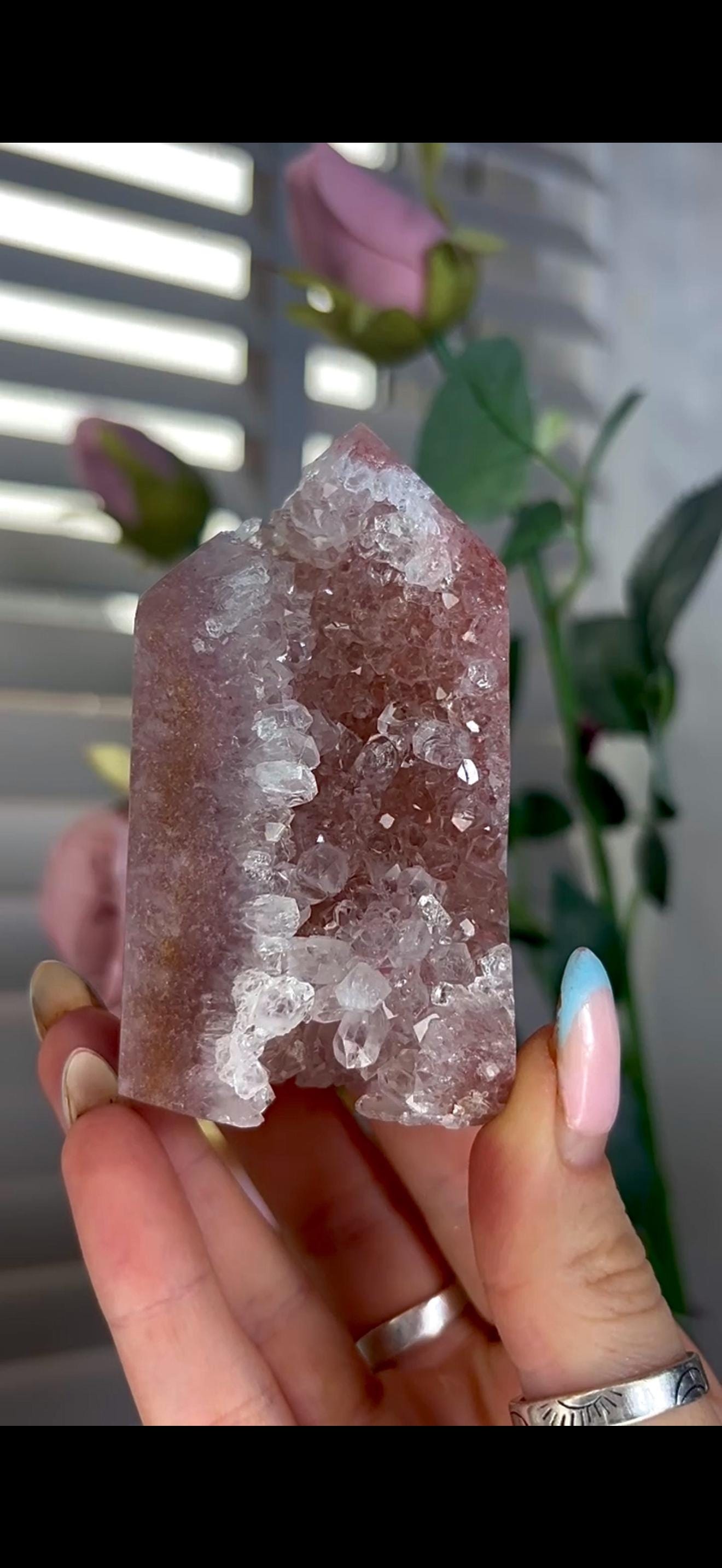 Incredible, high quality, pink amethyst tower in red/pink tones with high quality quartz Druze 234g 8.6cm by 5.6cm