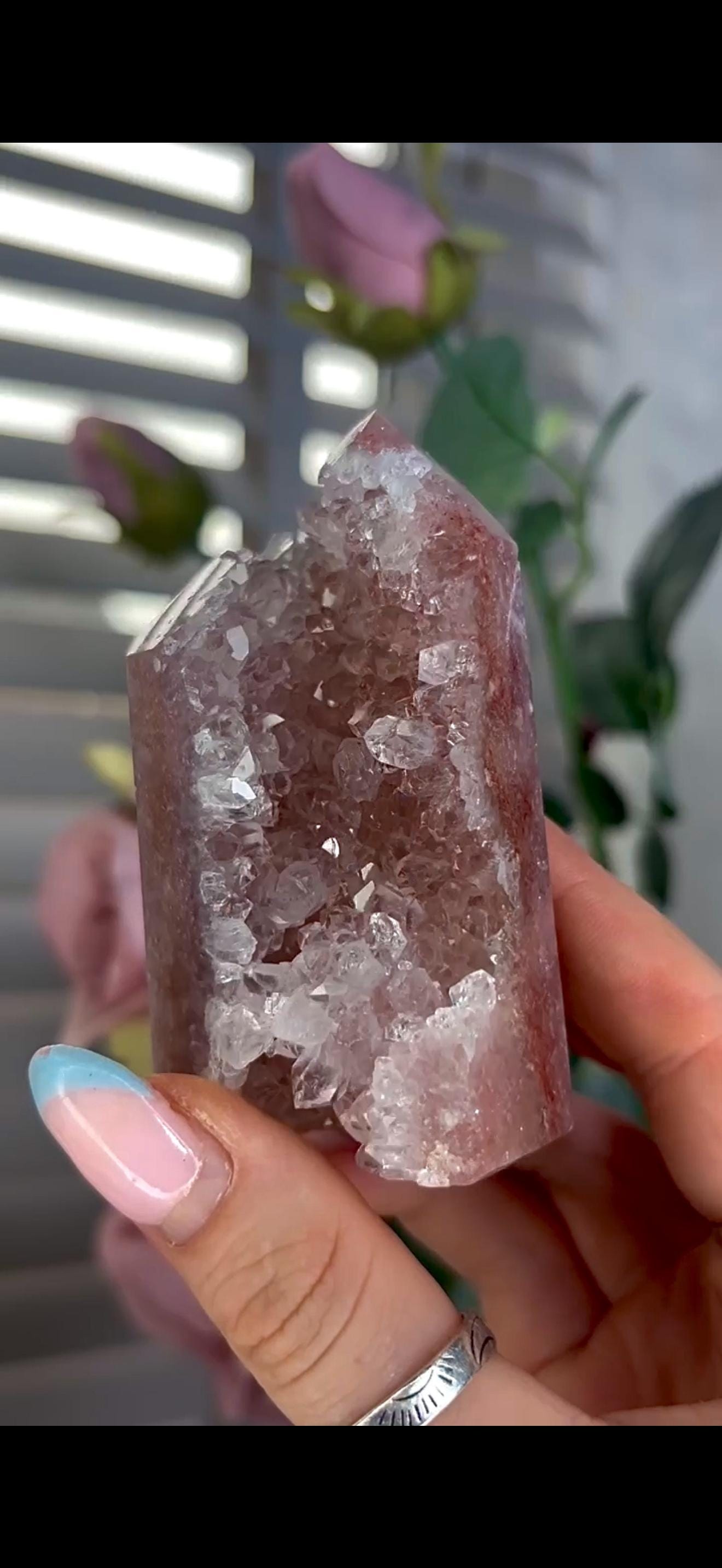 Incredible, high quality, pink amethyst tower in red/pink tones with high quality quartz Druze 234g 8.6cm by 5.6cm