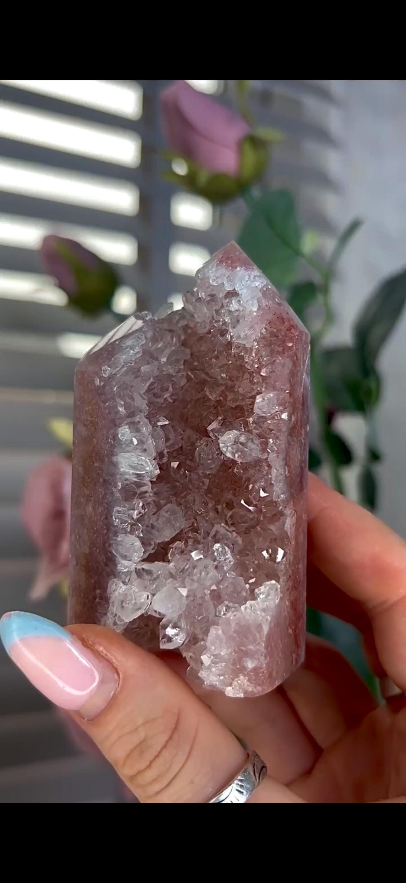 Incredible, high quality, pink amethyst tower in red/pink tones with high quality quartz Druze 234g 8.6cm by 5.6cm