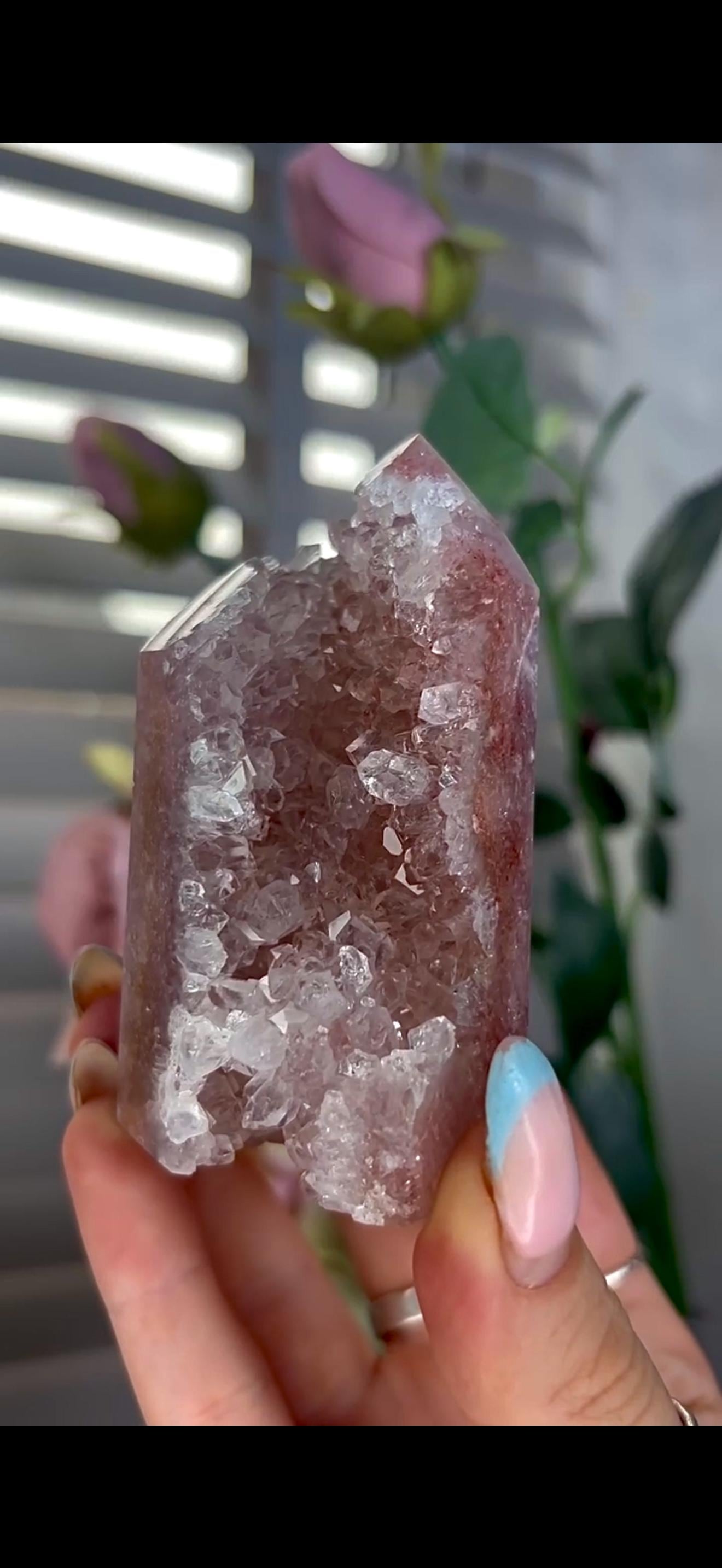 Incredible, high quality, pink amethyst tower in red/pink tones with high quality quartz Druze 234g 8.6cm by 5.6cm