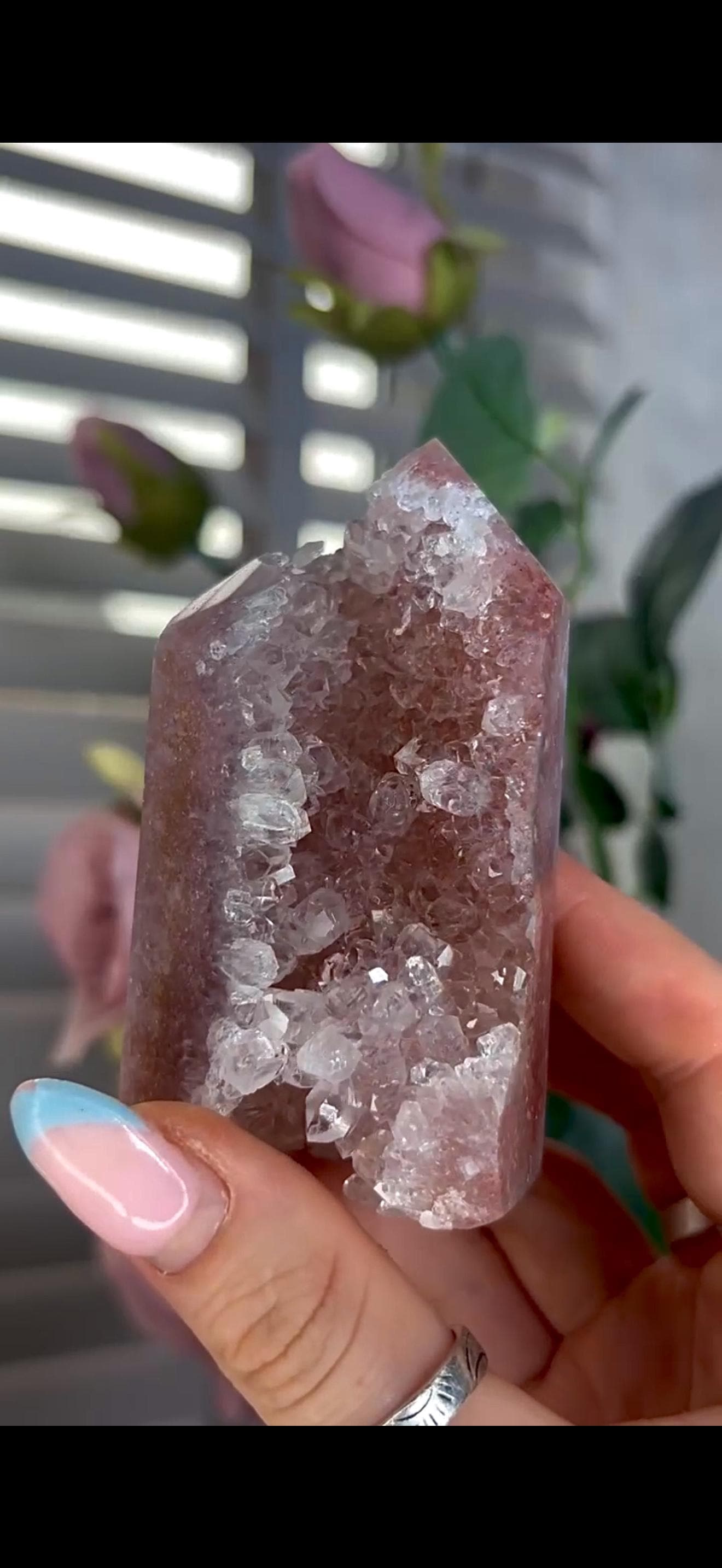 Incredible, high quality, pink amethyst tower in red/pink tones with high quality quartz Druze 234g 8.6cm by 5.6cm