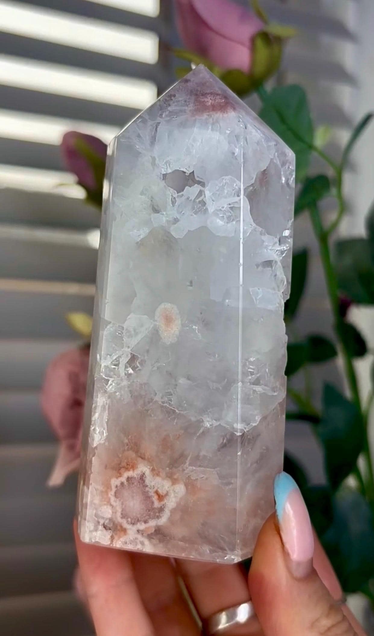 Incredible, high quality, pink amethyst tower with high clarity quartz 426g 12 by 5cm