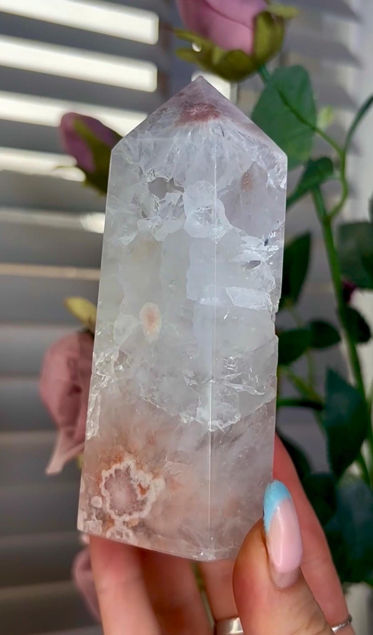 Incredible, high quality, pink amethyst tower with high clarity quartz 426g 12 by 5cm