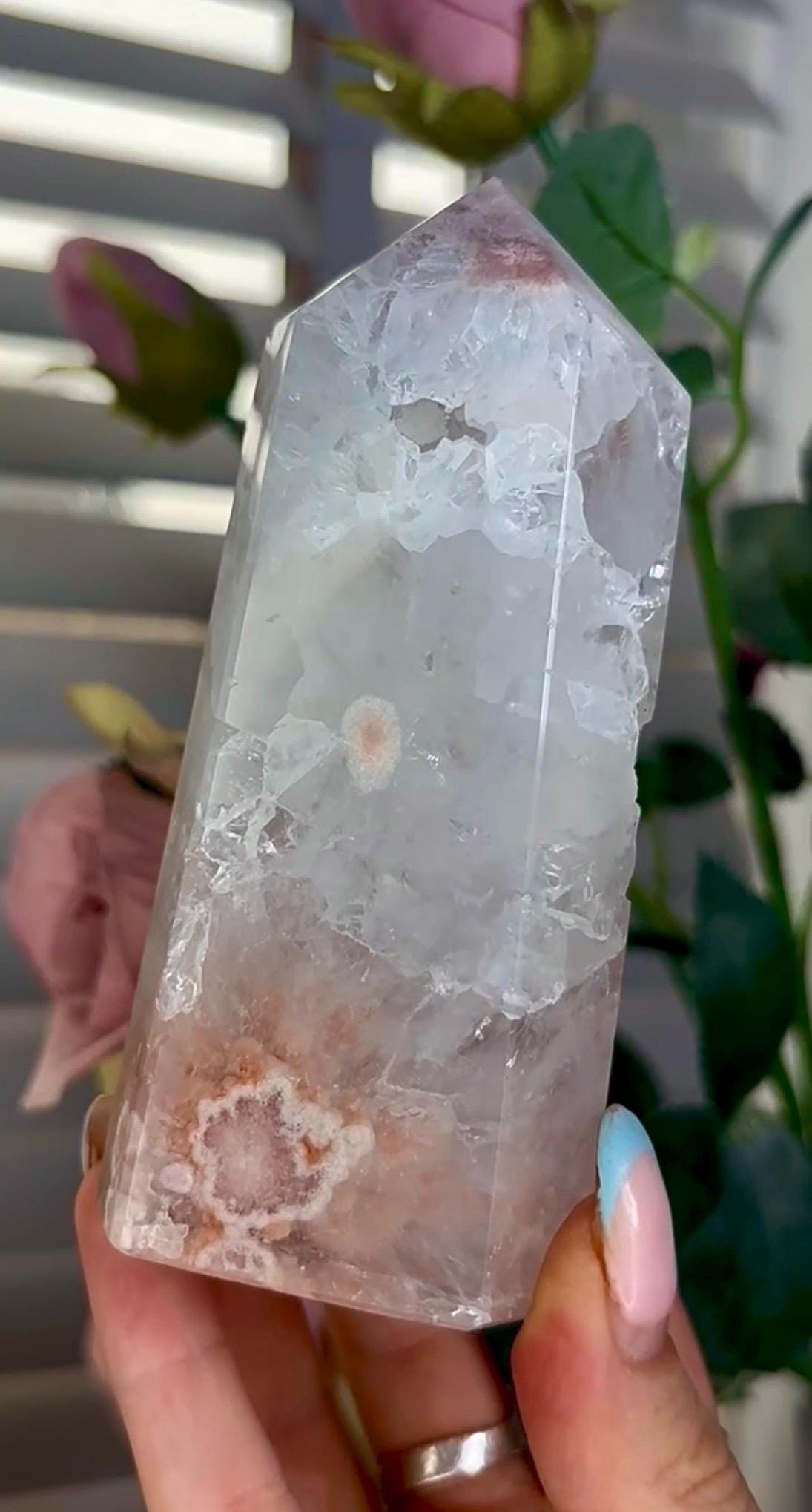 Incredible, high quality, pink amethyst tower with high clarity quartz 426g 12 by 5cm