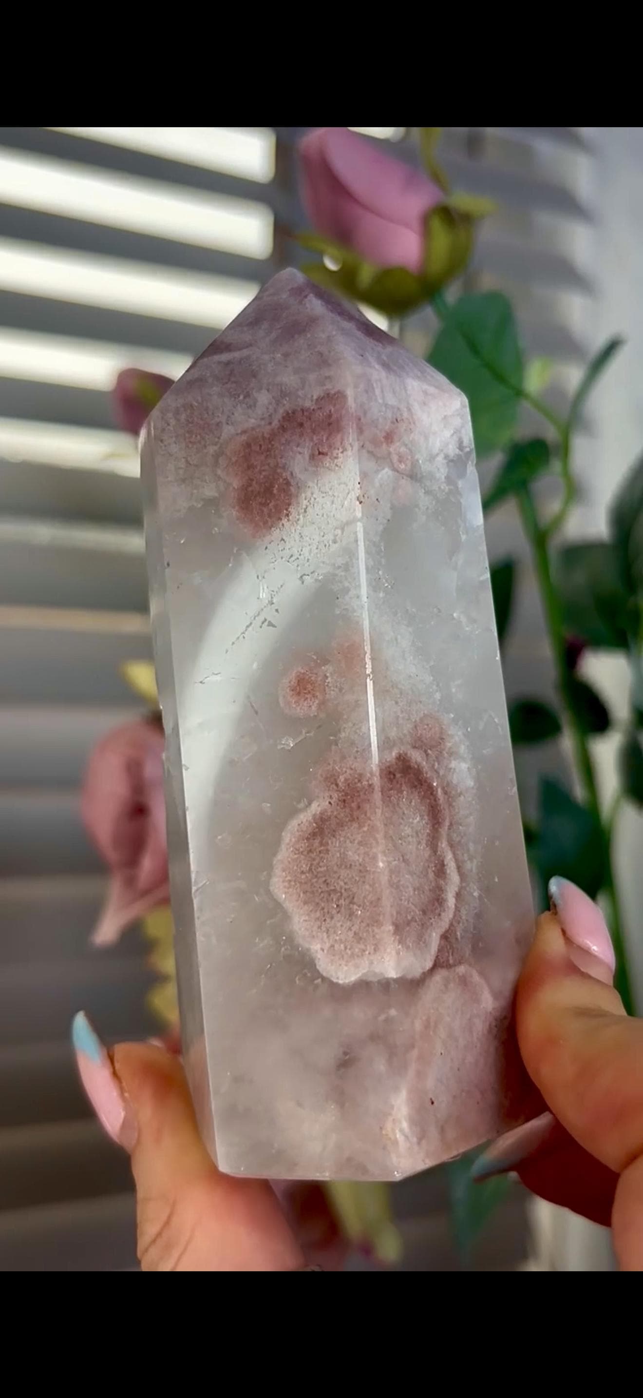 Incredible, high quality, pink amethyst tower with high clarity quartz 426g 12 by 5cm