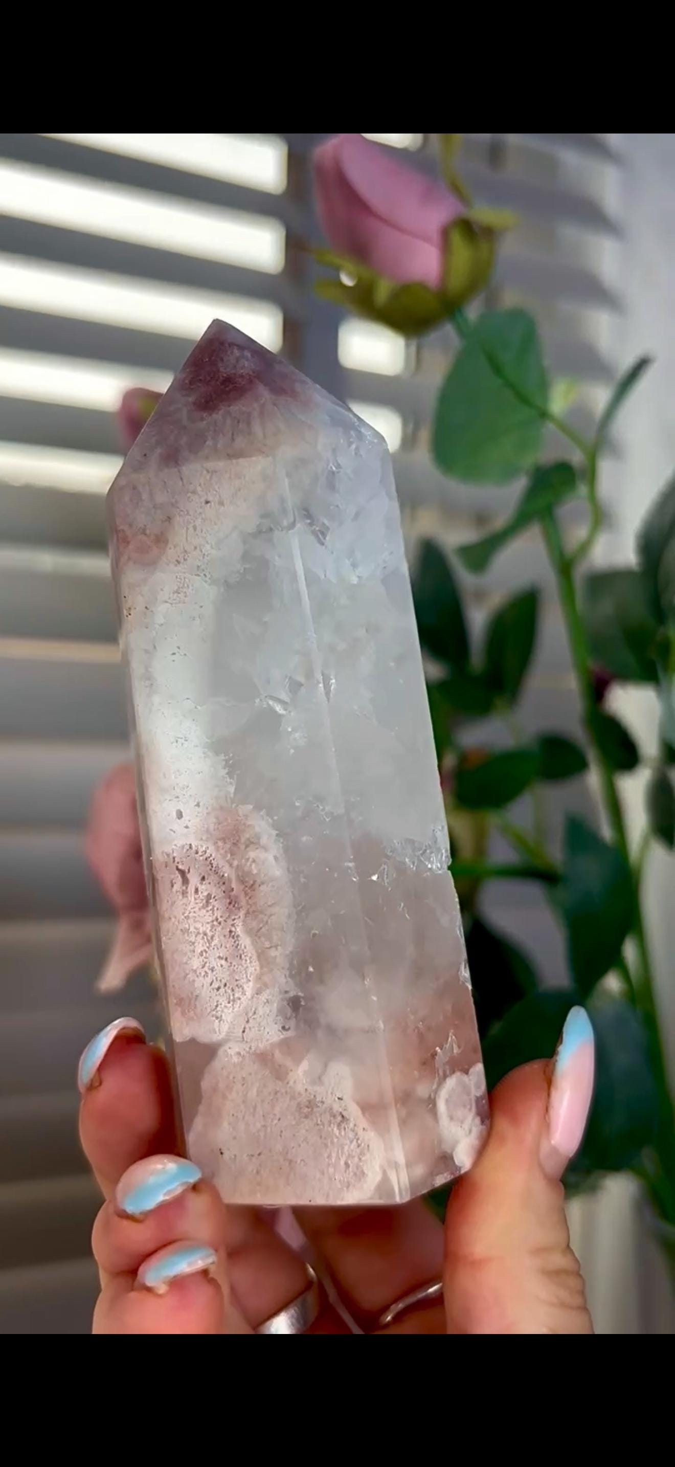 Incredible, high quality, pink amethyst tower with high clarity quartz 426g 12 by 5cm