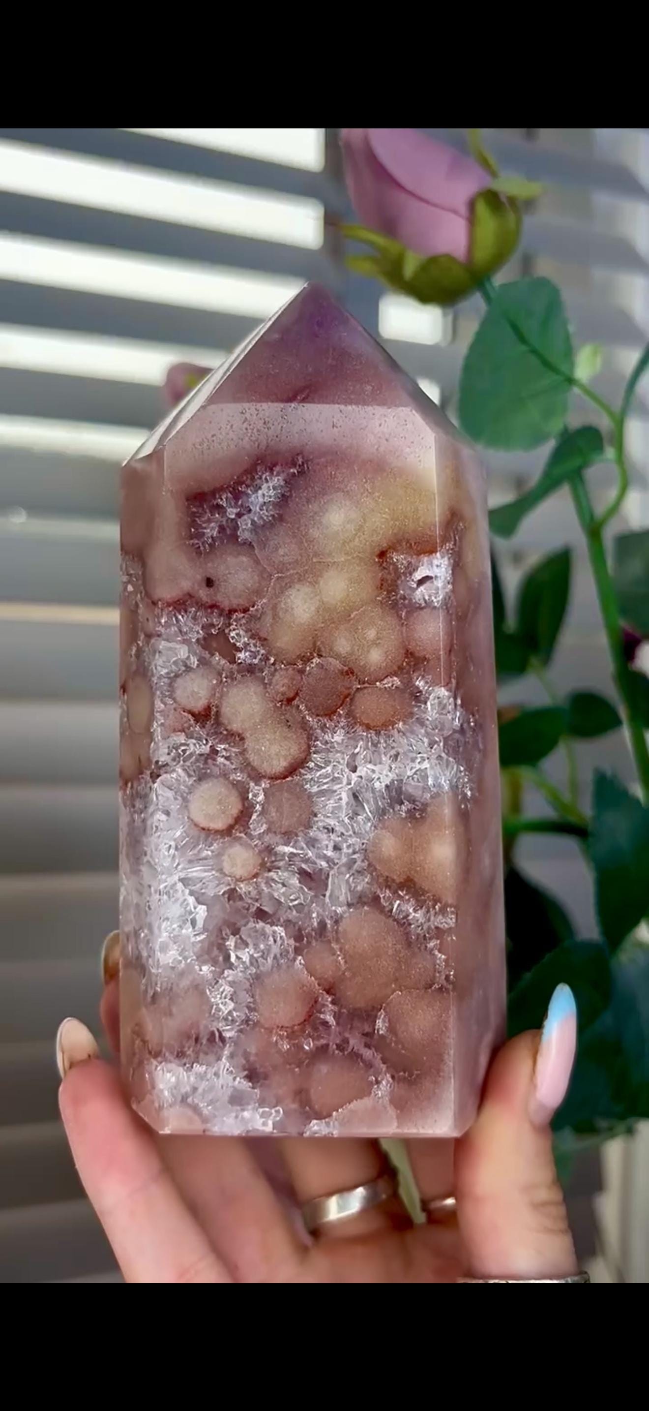 Incredible, high quality, pink amethyst tower with quartz & orb/flower formations 793g 14.4cm by 7cm