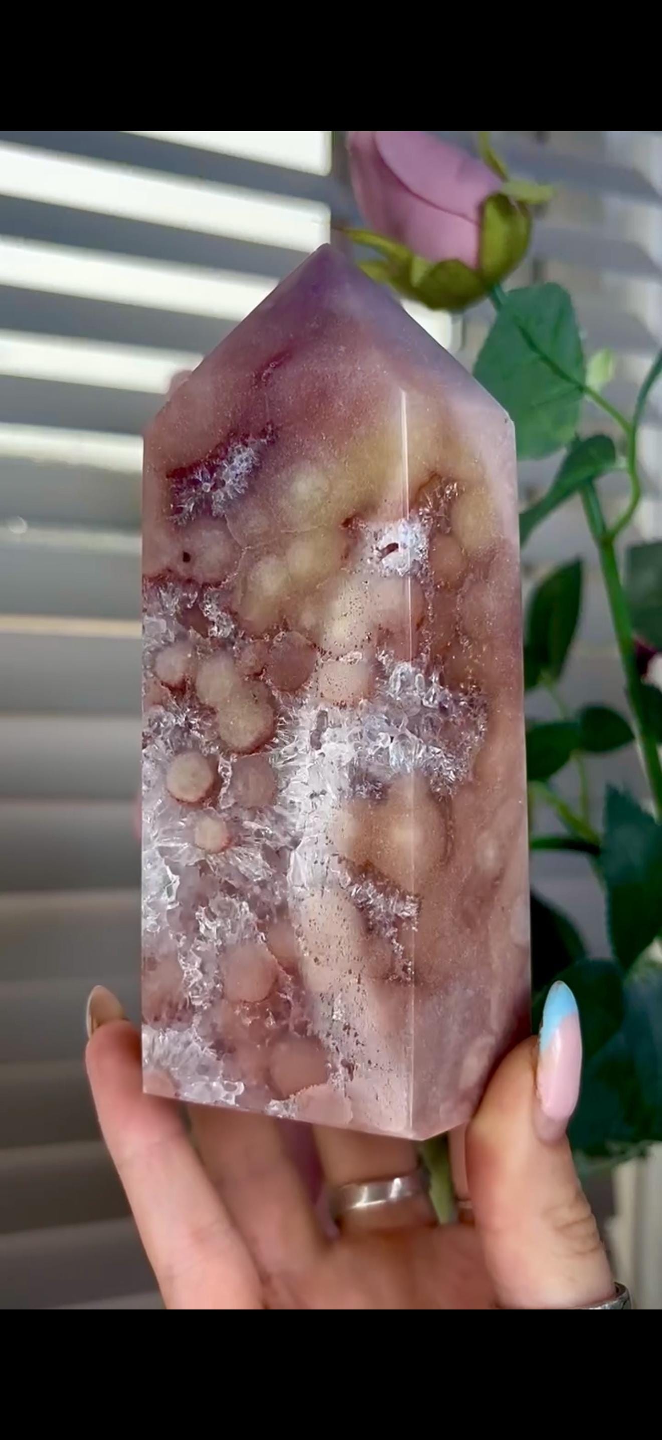 Incredible, high quality, pink amethyst tower with quartz & orb/flower formations 793g 14.4cm by 7cm