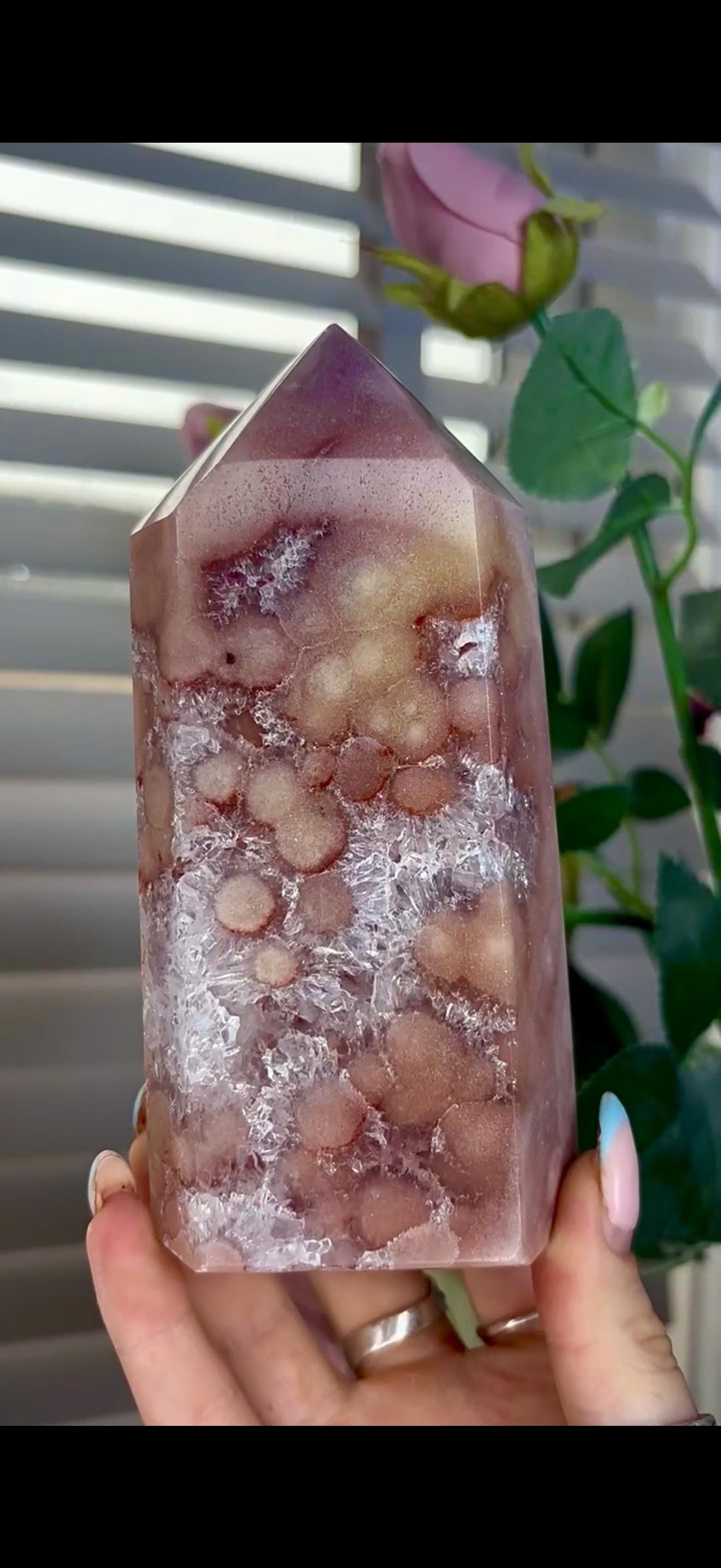 Incredible, high quality, pink amethyst tower with quartz & orb/flower formations 793g 14.4cm by 7cm
