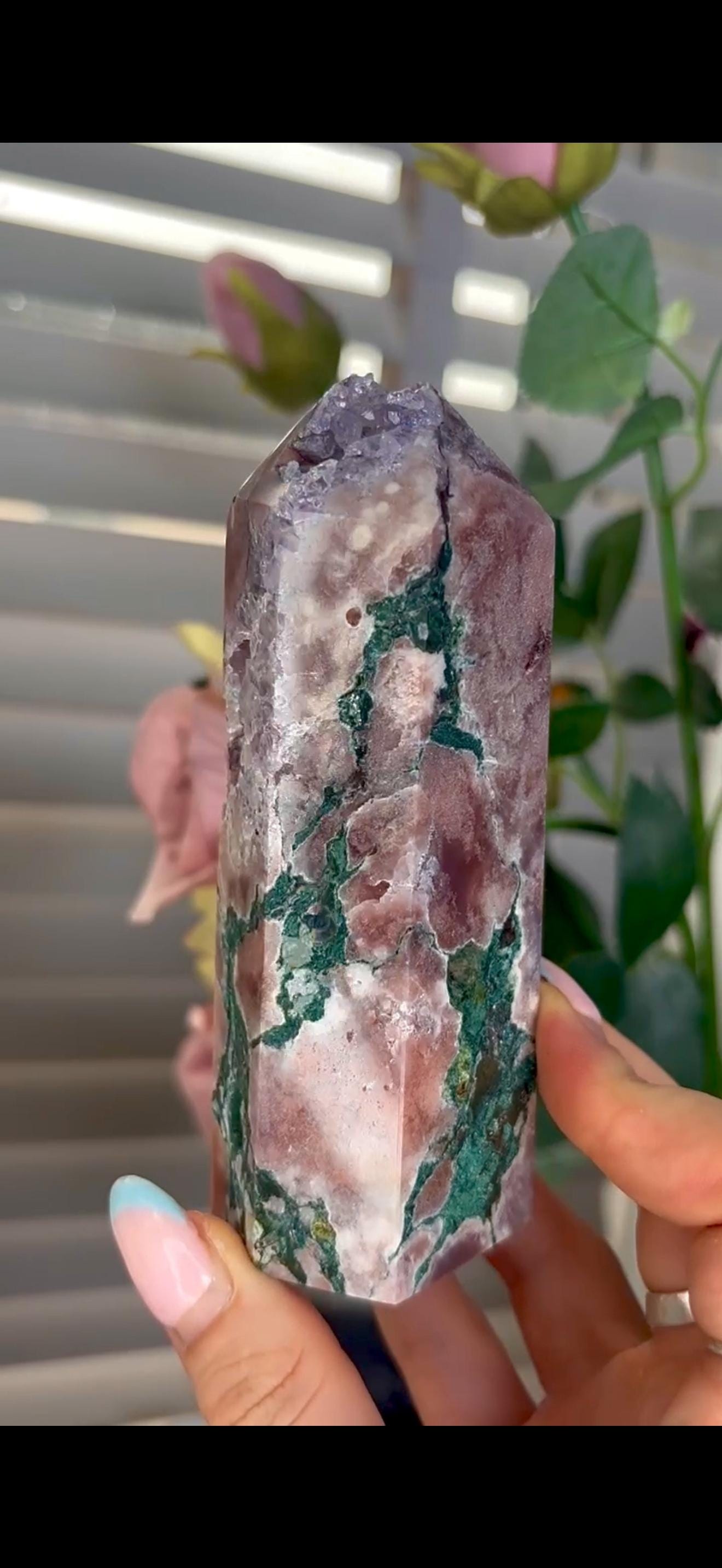 Incredible, tall pink amethyst tower with purple quartz & jasper 358g 12cm by 4.5cm