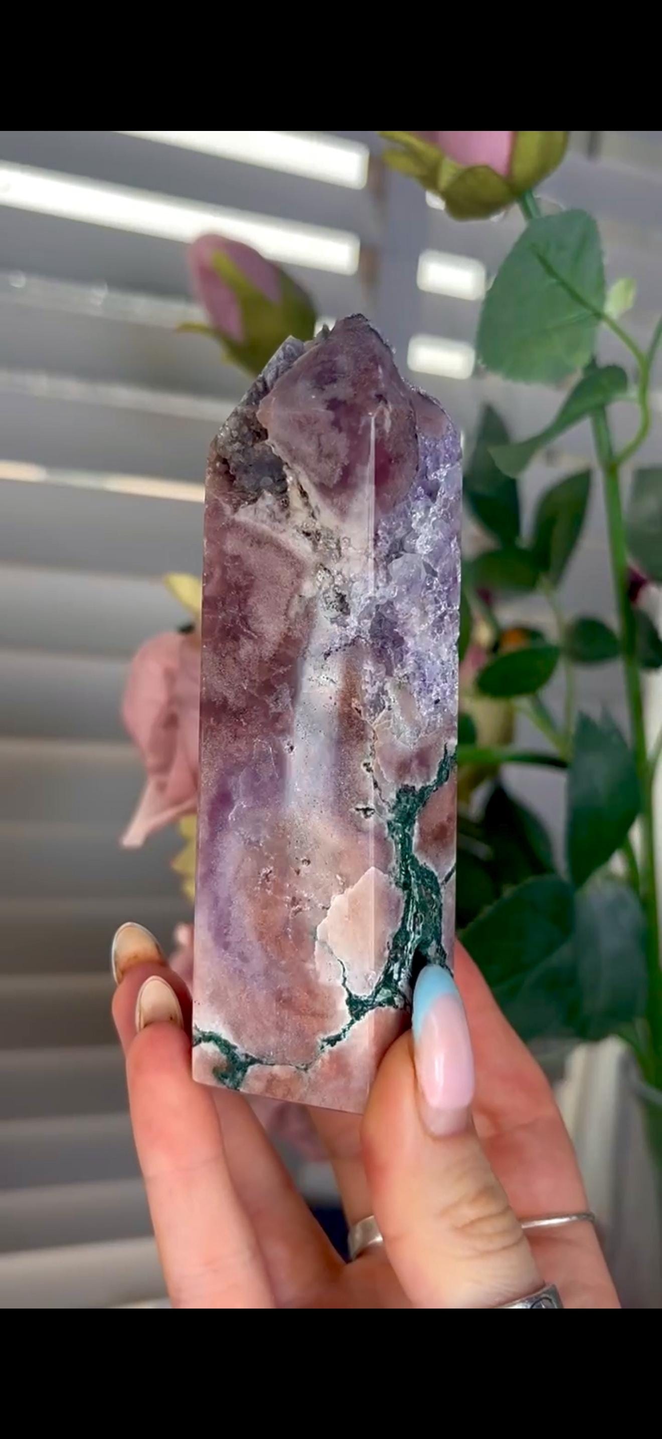 Incredible, tall pink amethyst tower with purple quartz & jasper 358g 12cm by 4.5cm