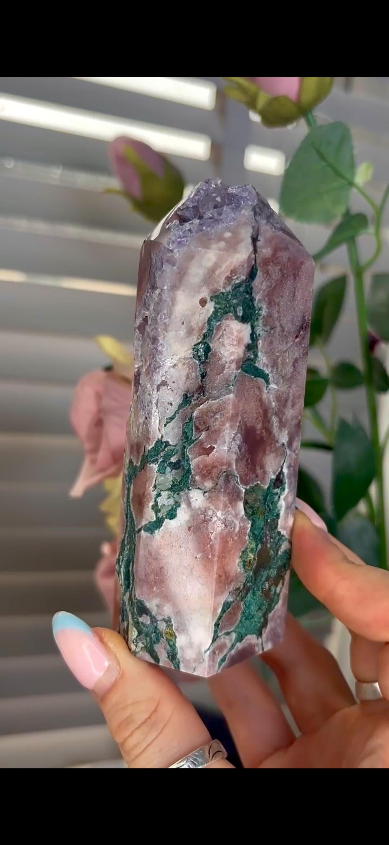 Incredible, tall pink amethyst tower with purple quartz & jasper 358g 12cm by 4.5cm