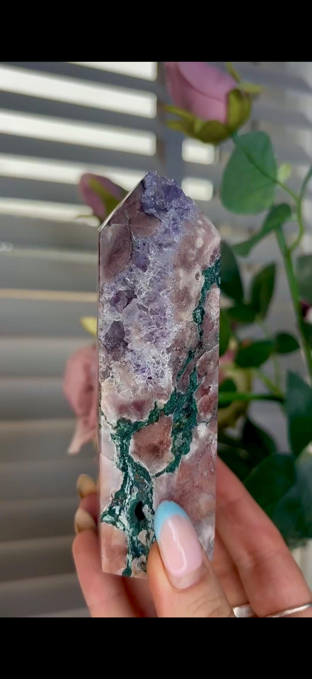 Incredible, tall pink amethyst tower with purple quartz & jasper 358g 12cm by 4.5cm