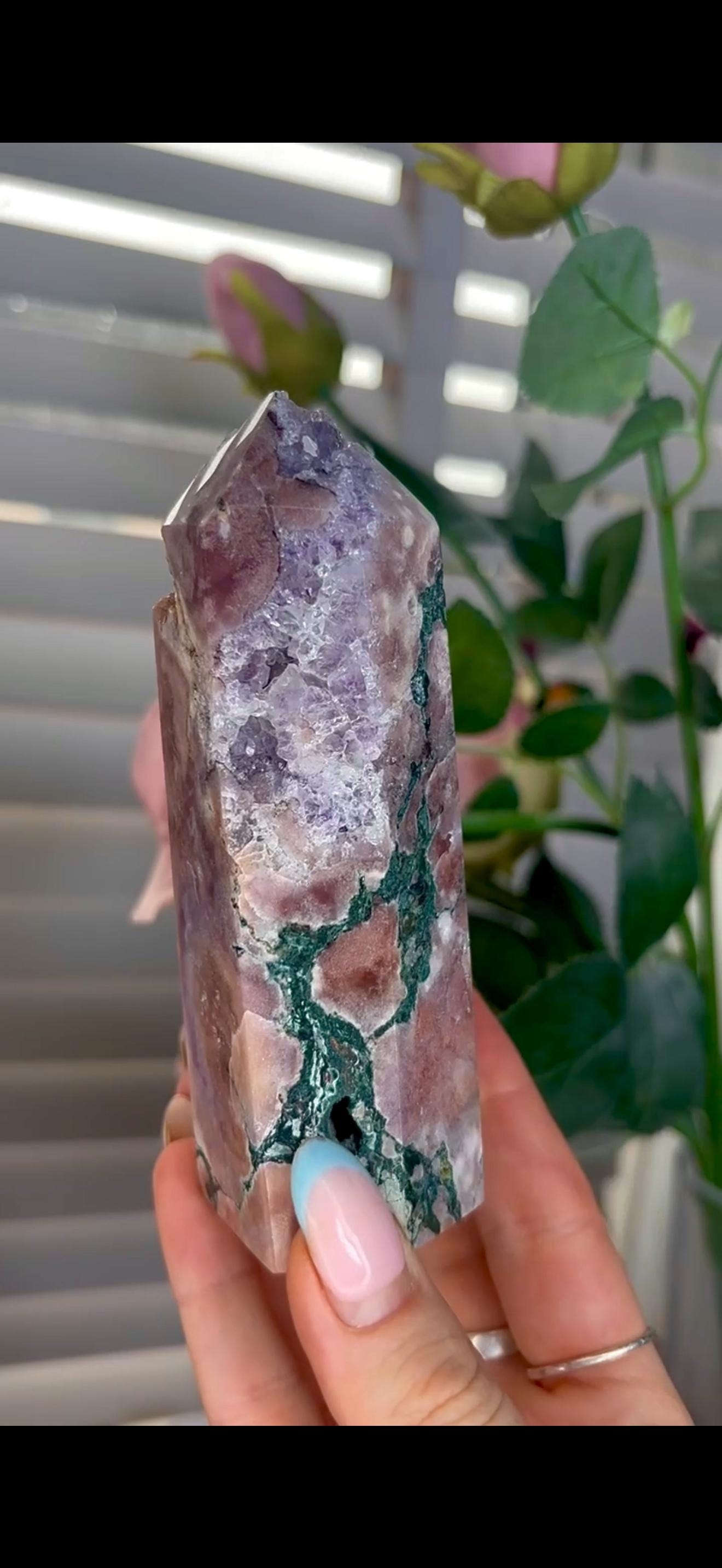 Incredible, tall pink amethyst tower with purple quartz & jasper 358g 12cm by 4.5cm