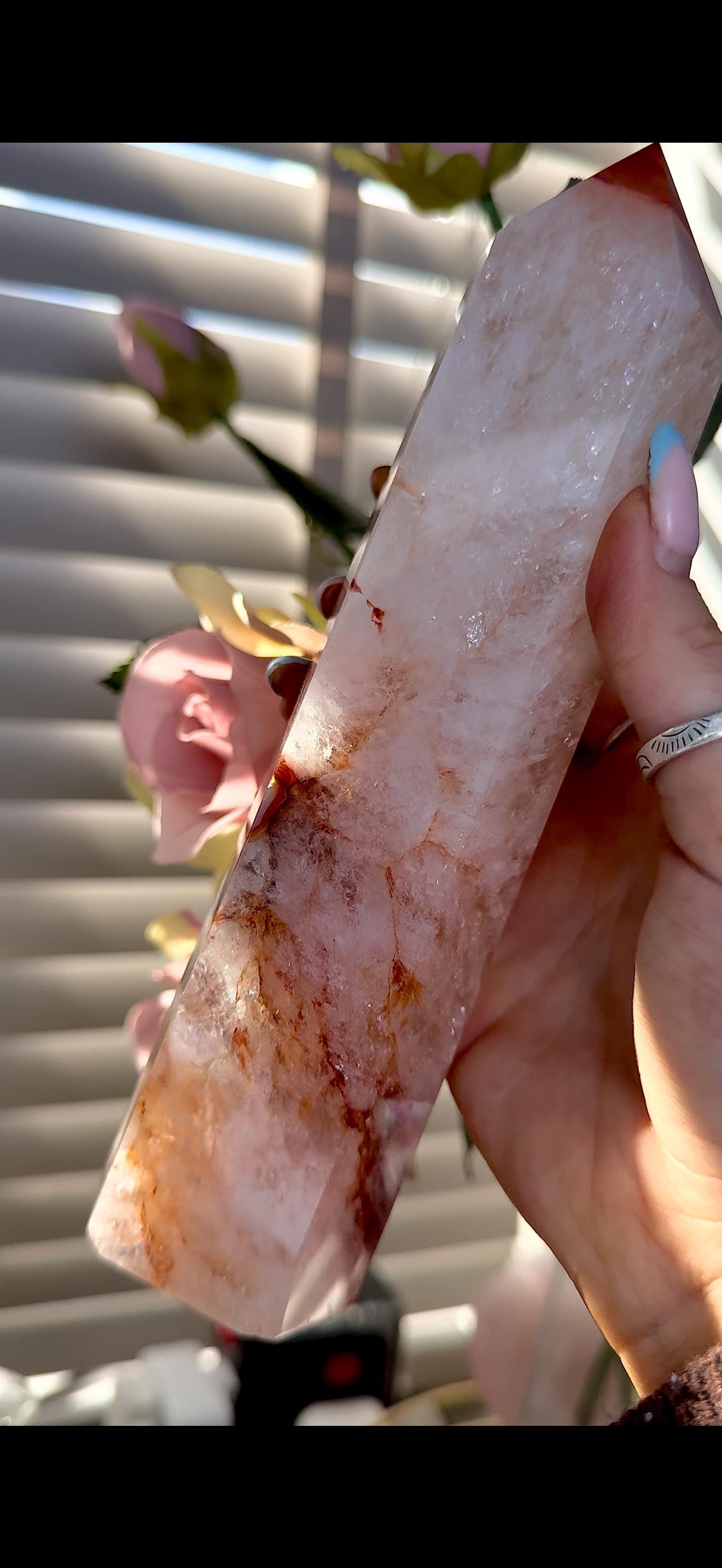 High quality, large red agate, carnelian tower with quartz
