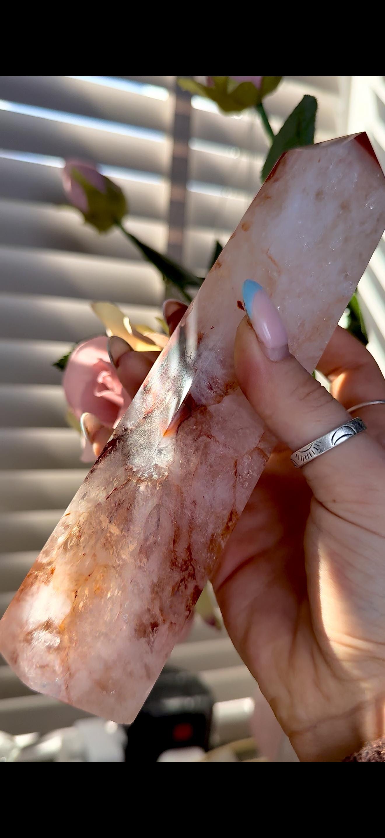 High quality, large red agate, carnelian tower with quartz