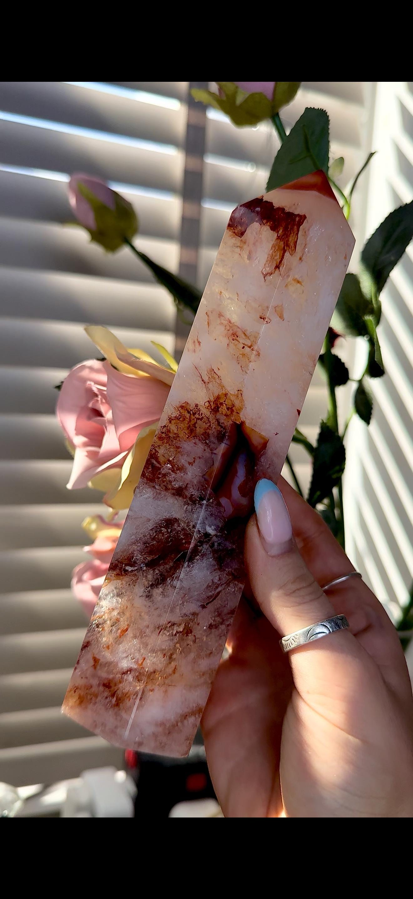 High quality, large red agate, carnelian tower with quartz