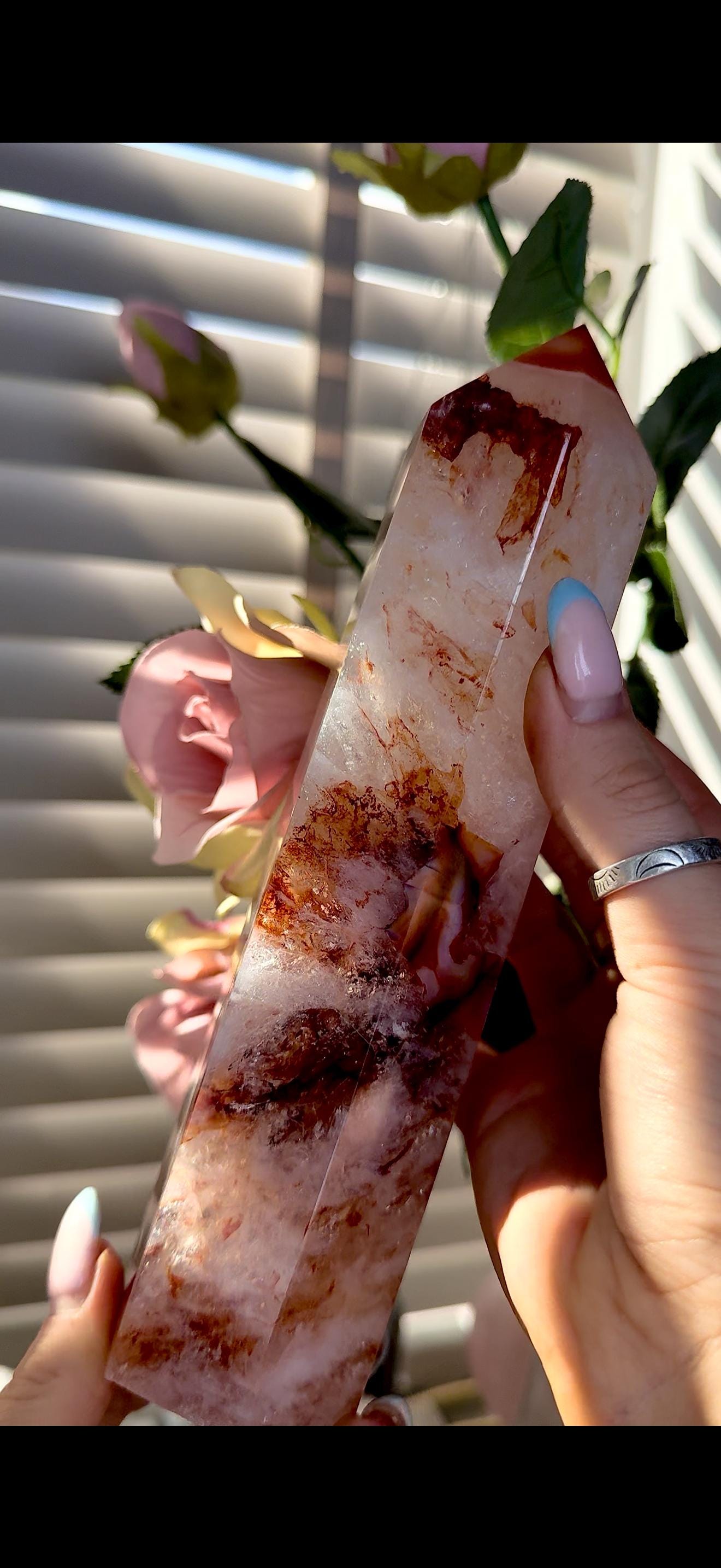 High quality, large red agate, carnelian tower with quartz