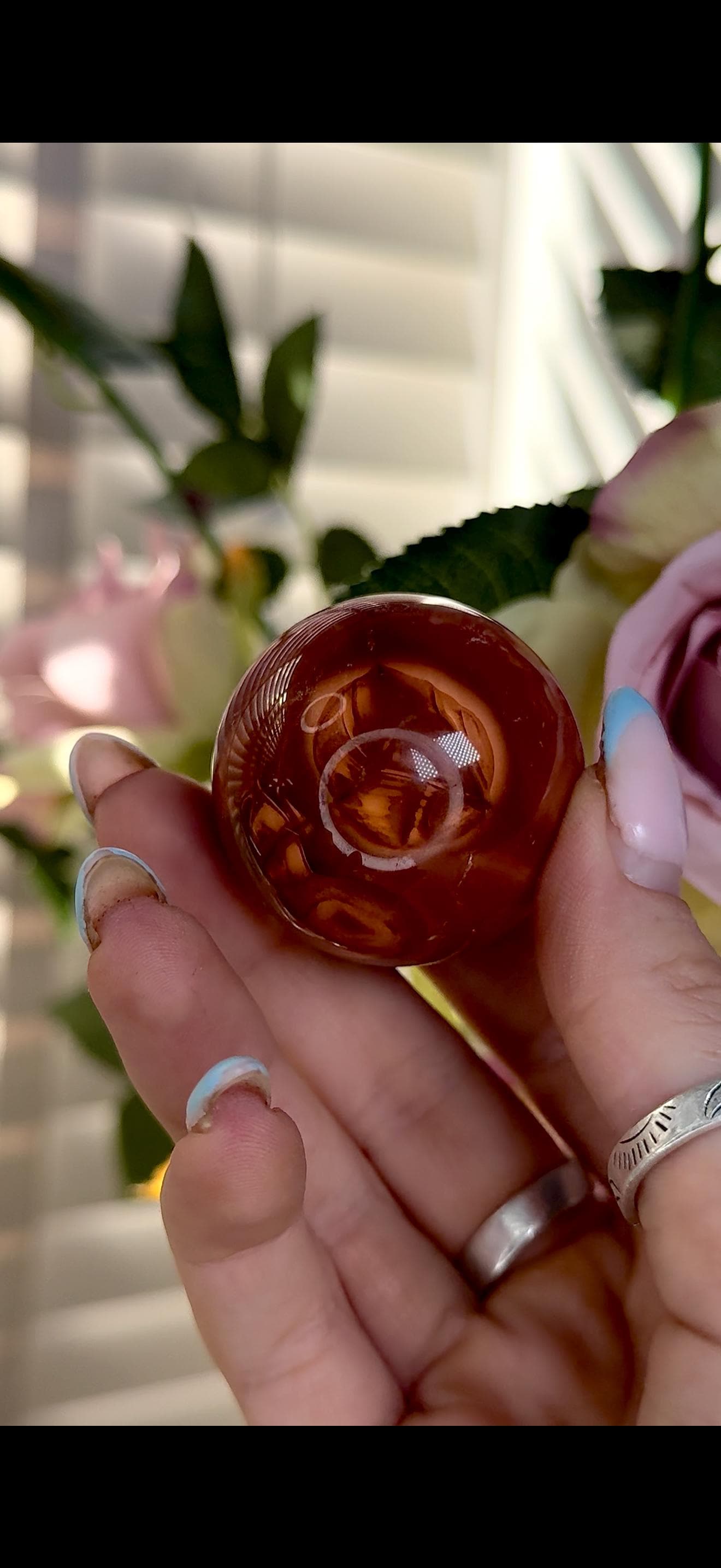 High quality, small red agate, carnelian sphere in orange/red tones
