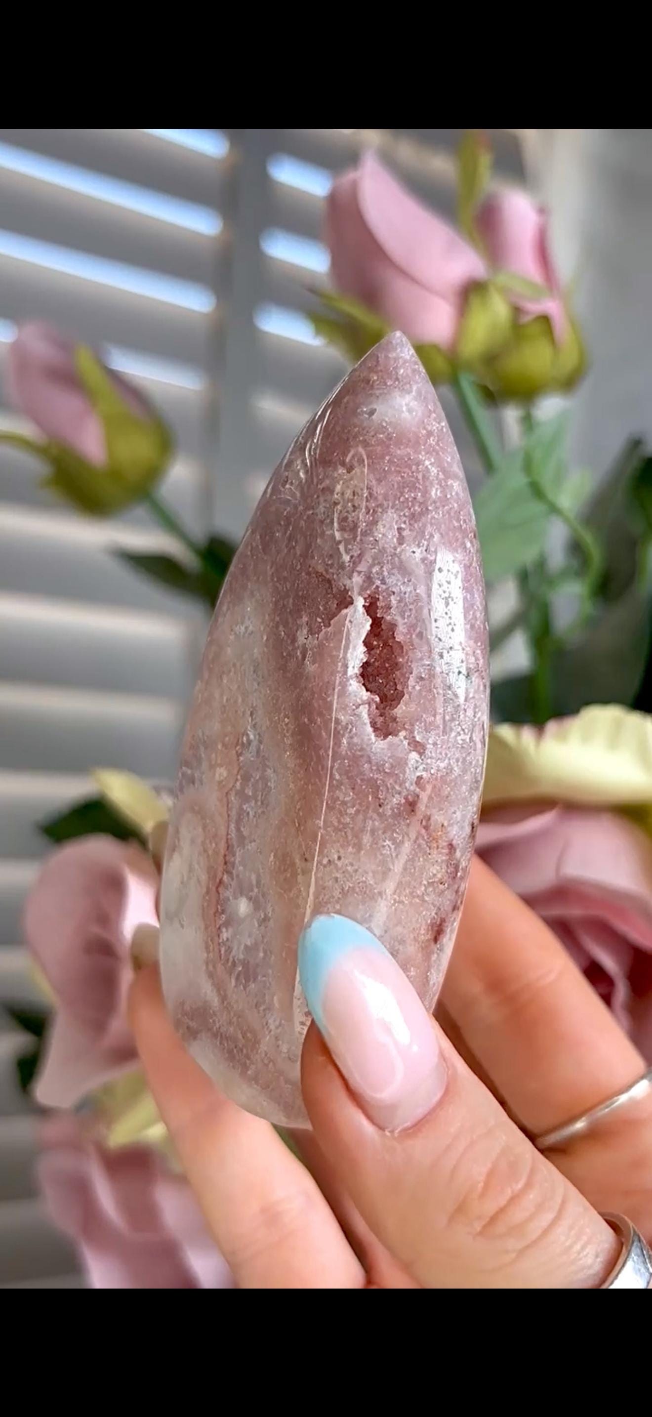 High grade, pink amethyst flame with quartz inclusions 219g