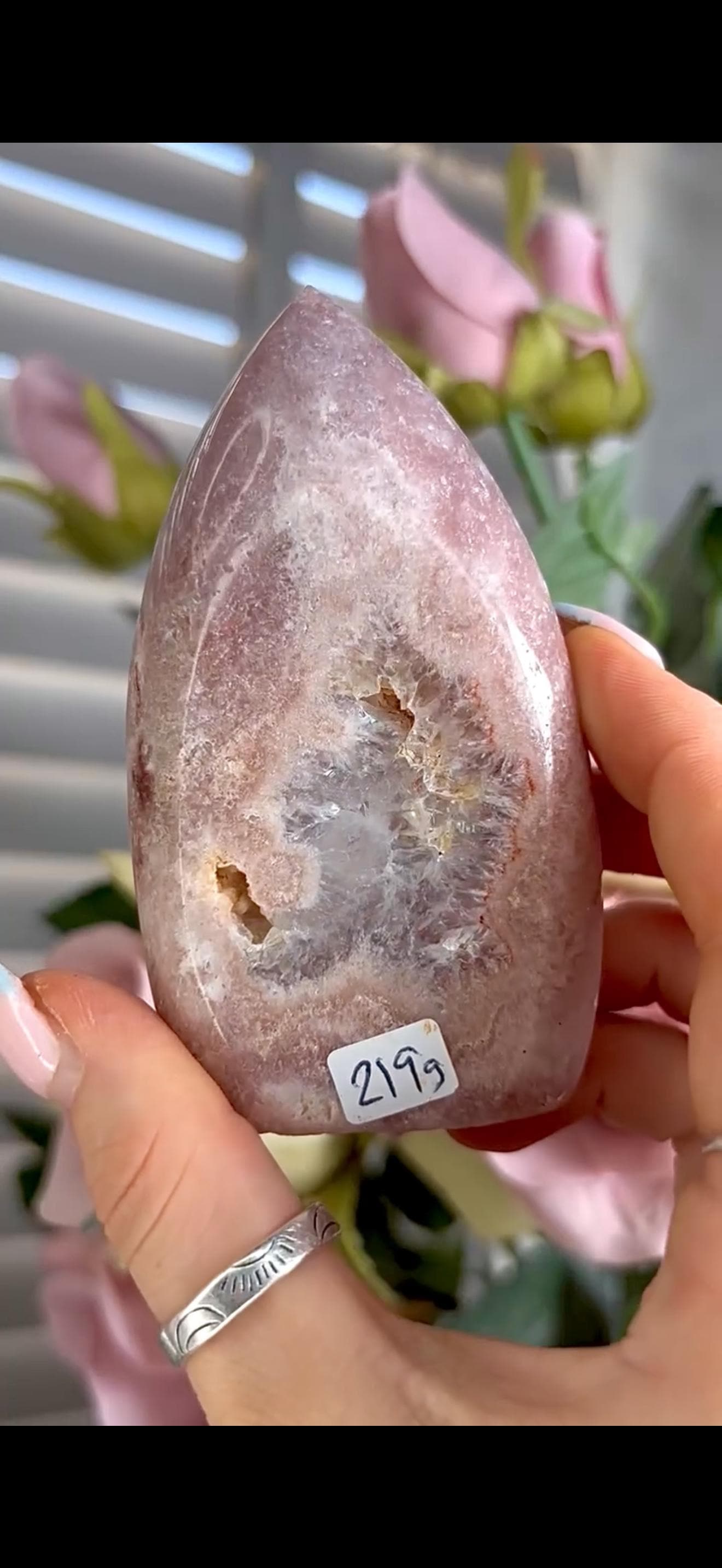 High grade, pink amethyst flame with quartz inclusions 219g