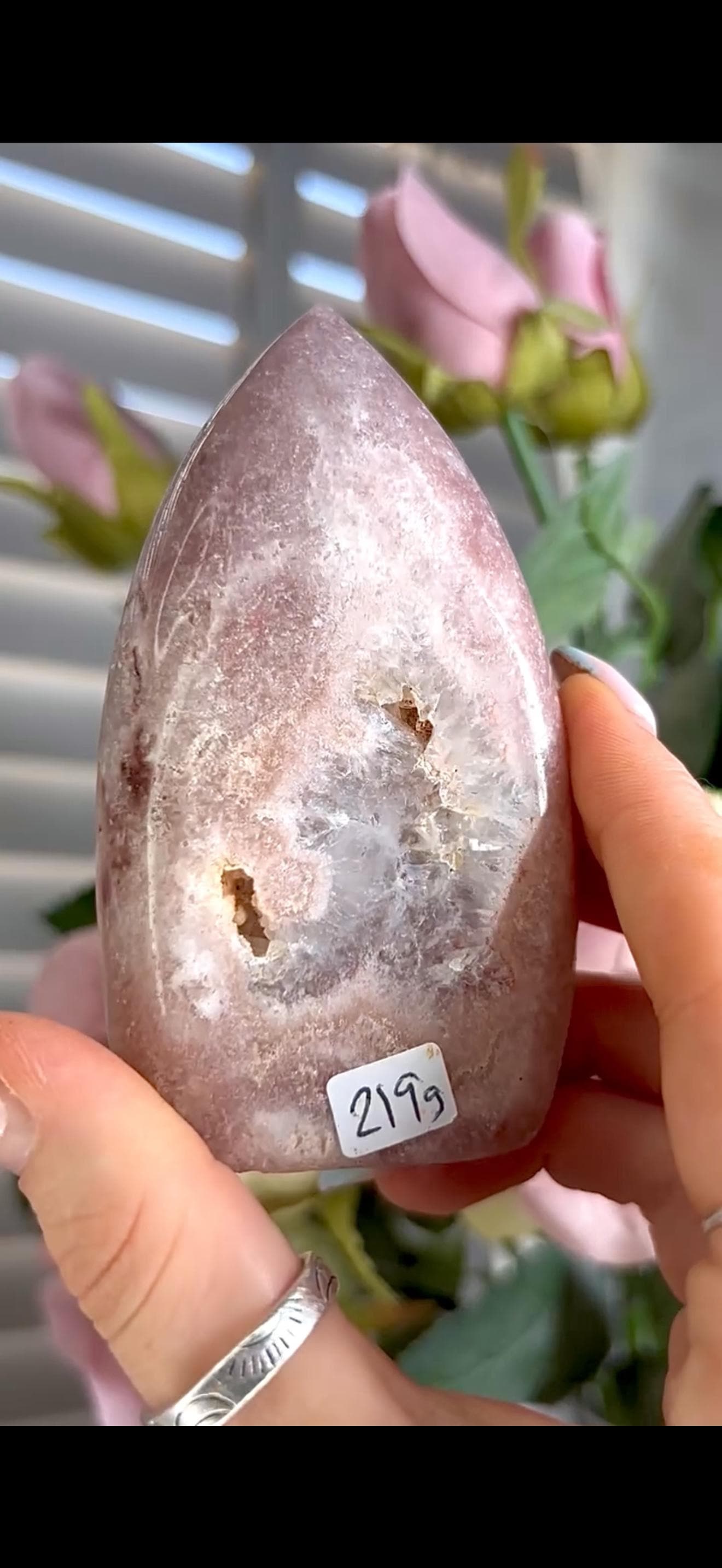 High grade, pink amethyst flame with quartz inclusions 219g