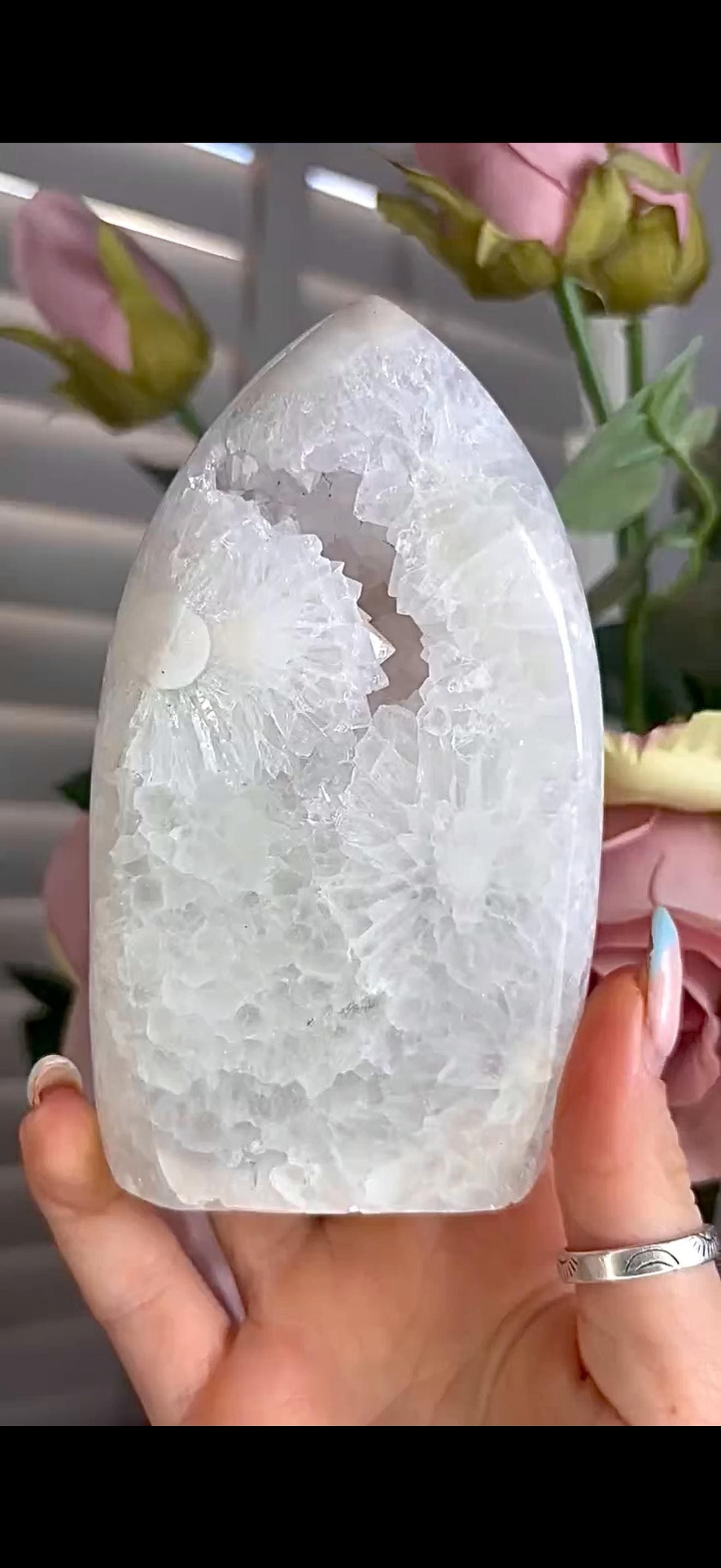 High grade, baby pink amethyst flame with incredible quartz orbs & druzy 467g