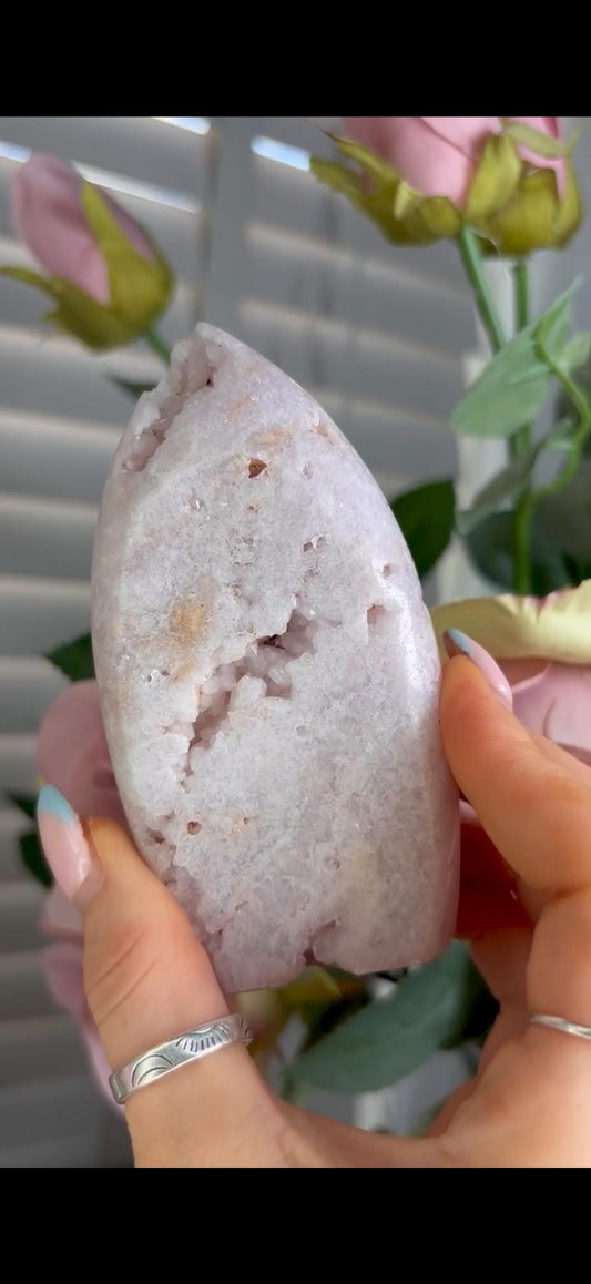 Gorgeous pink amethyst flame with druzy 254g