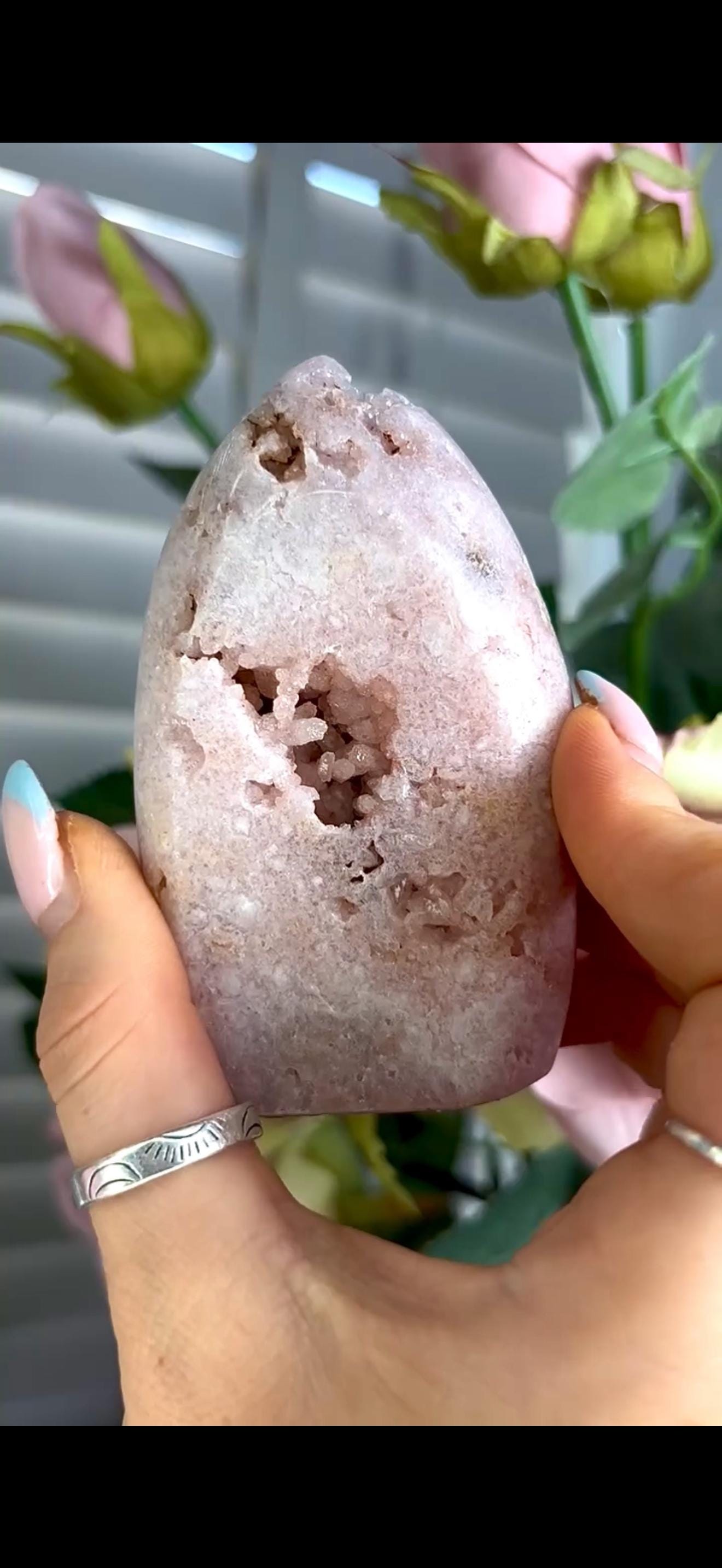 Gorgeous, high grade, baby pink amethyst flame with druzy 203g