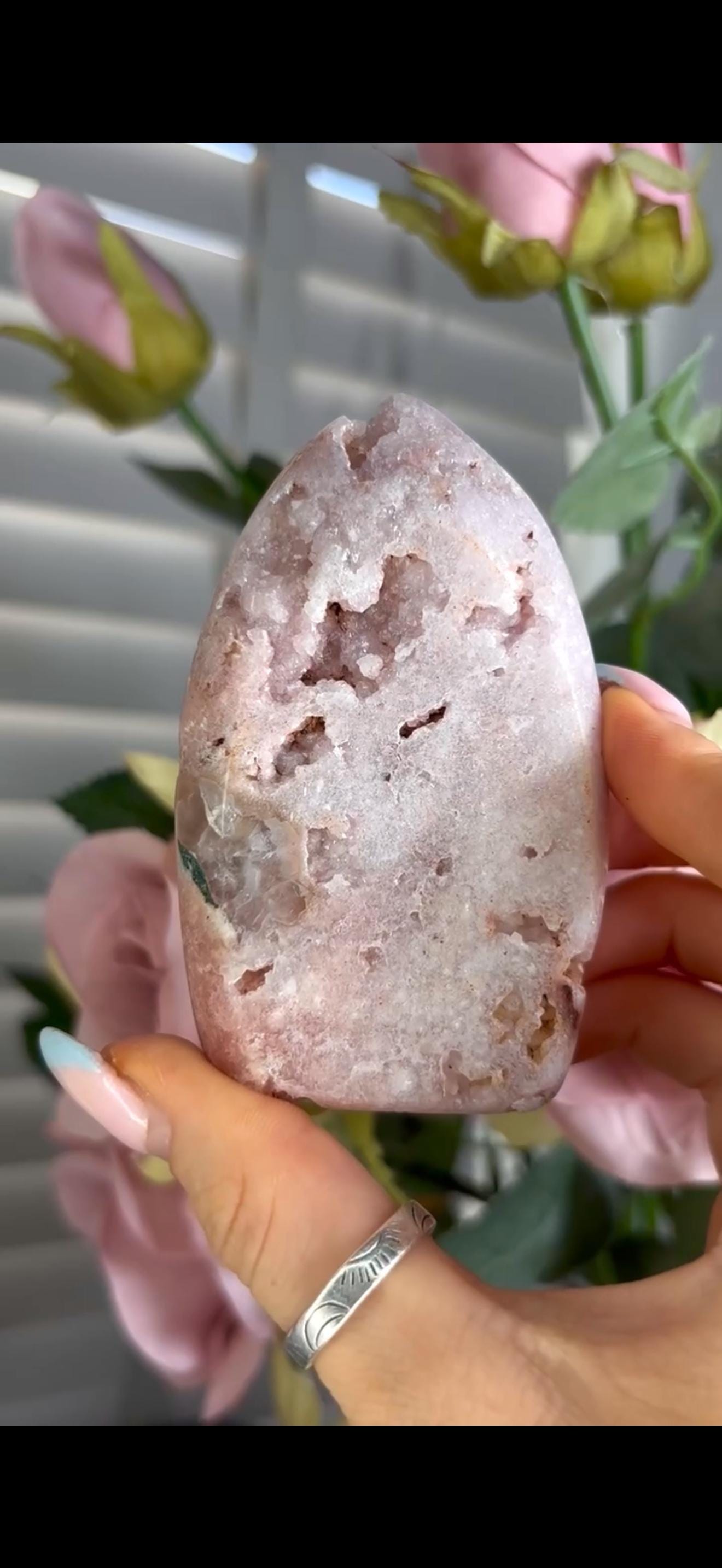 Gorgeous, high grade, baby pink amethyst flame with druzy 203g