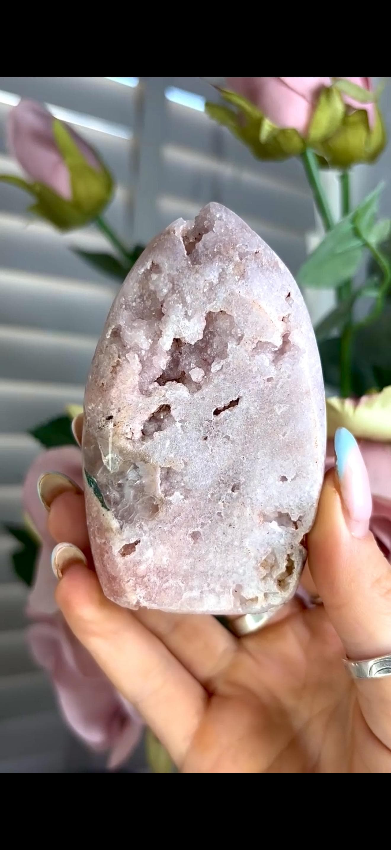 Gorgeous, high grade, baby pink amethyst flame with druzy 203g