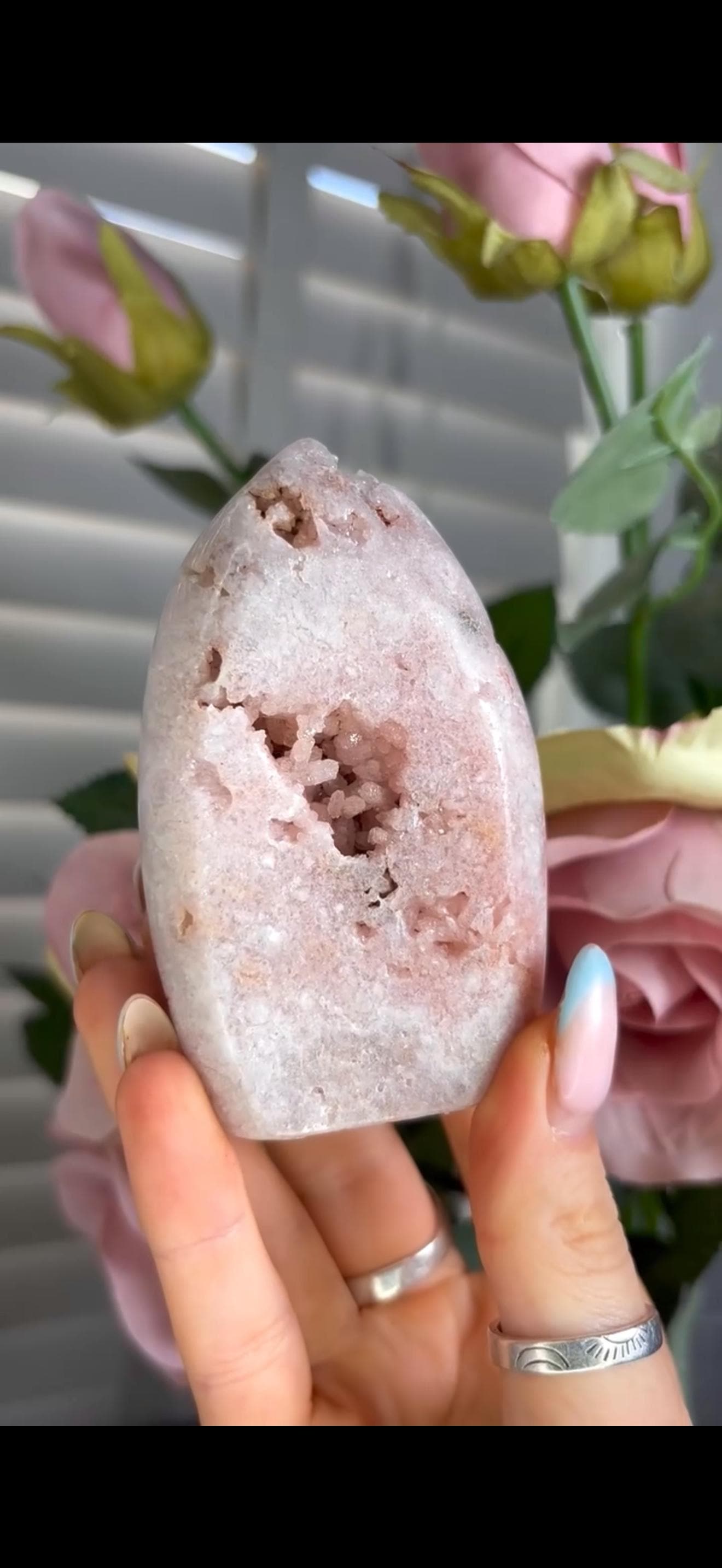 Gorgeous, high grade, baby pink amethyst flame with druzy 203g