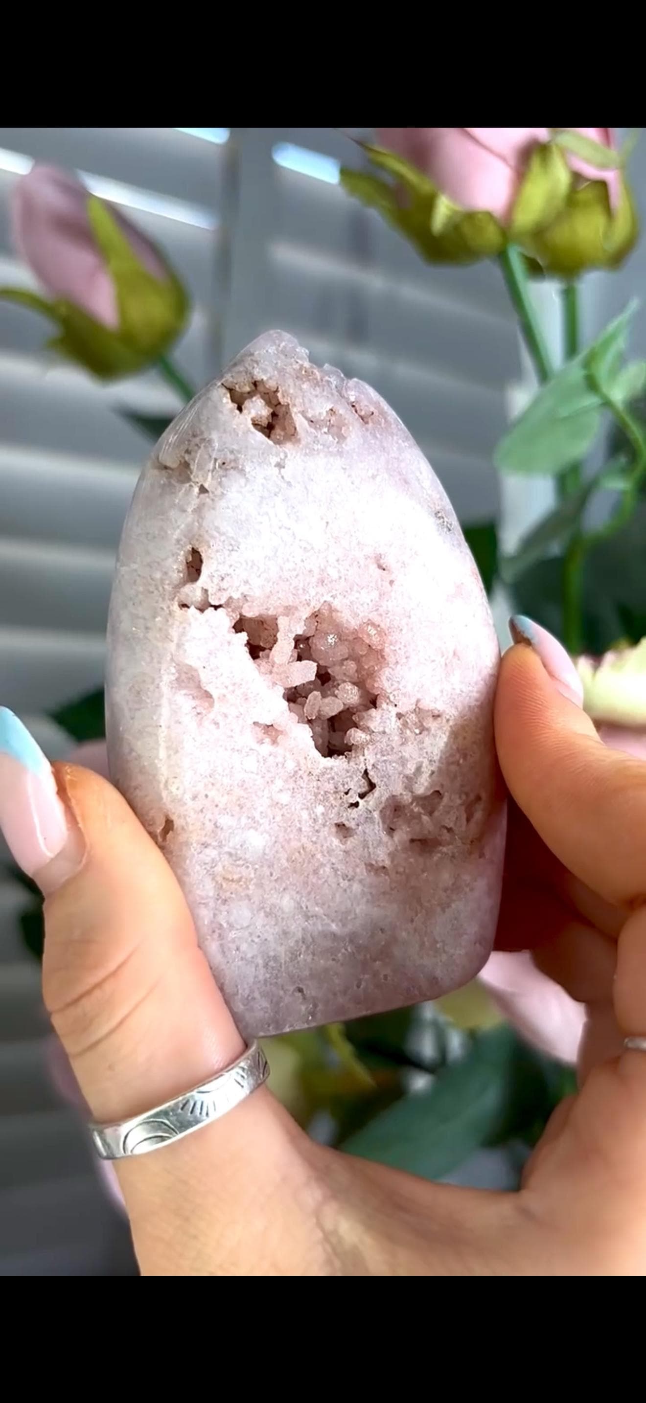 Gorgeous, high grade, baby pink amethyst flame with druzy 203g