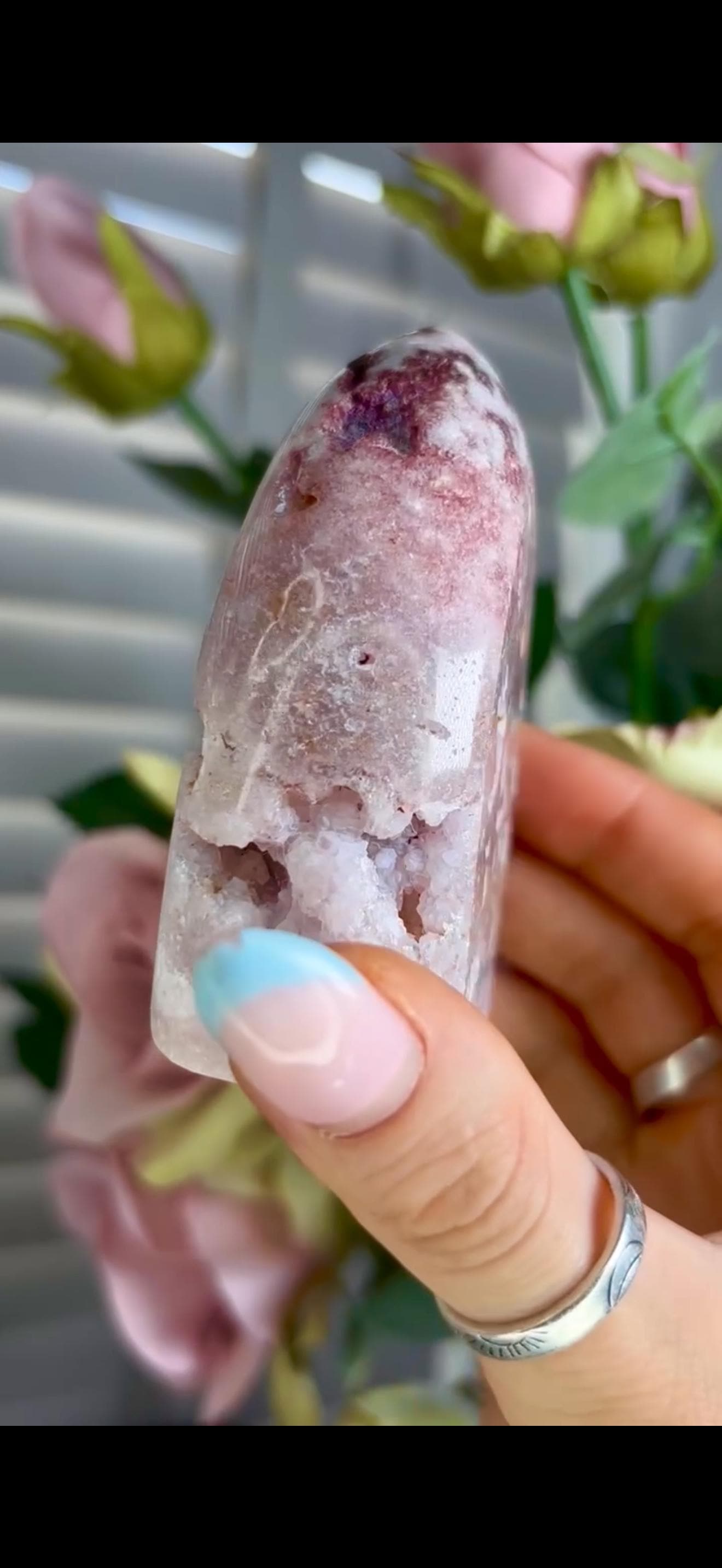 Gorgeous, high grade, baby pink amethyst flame with druzy, Jasper & hematite inclusions 279g