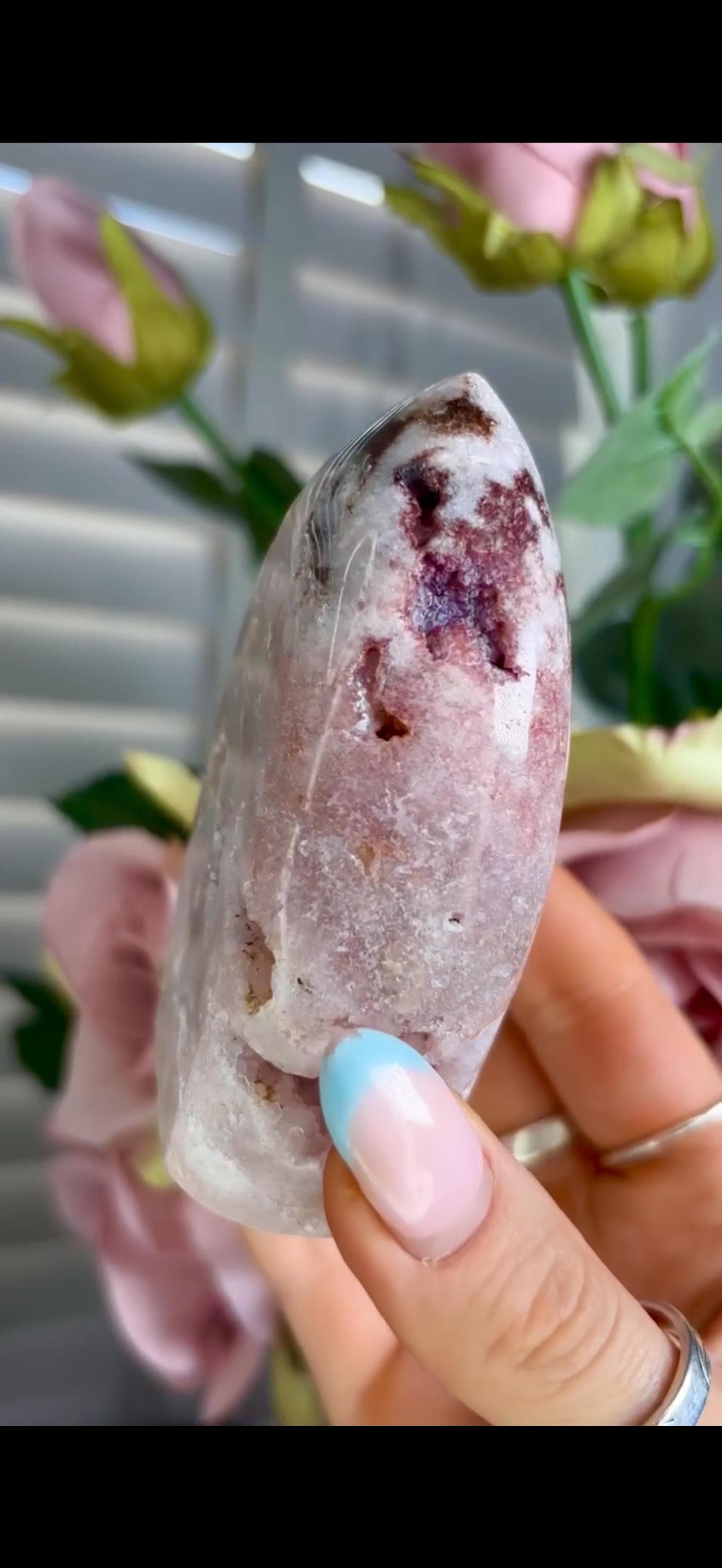 Gorgeous, high grade, baby pink amethyst flame with druzy, Jasper & hematite inclusions 279g