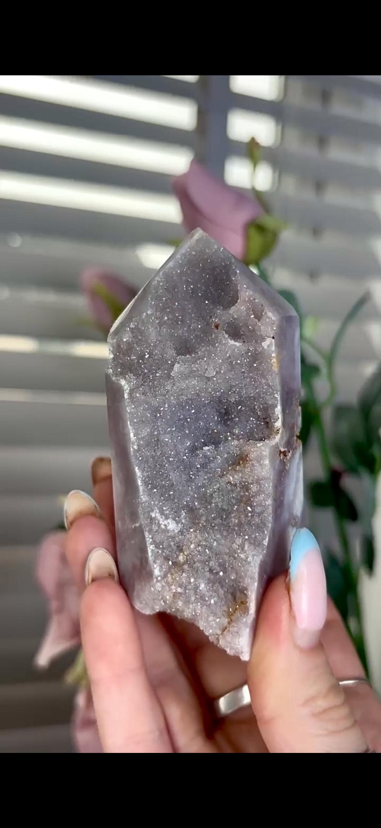 Incredible, pink amethyst tower greyish tones with sugar Druze 203g 8.6cm by 4.5cm