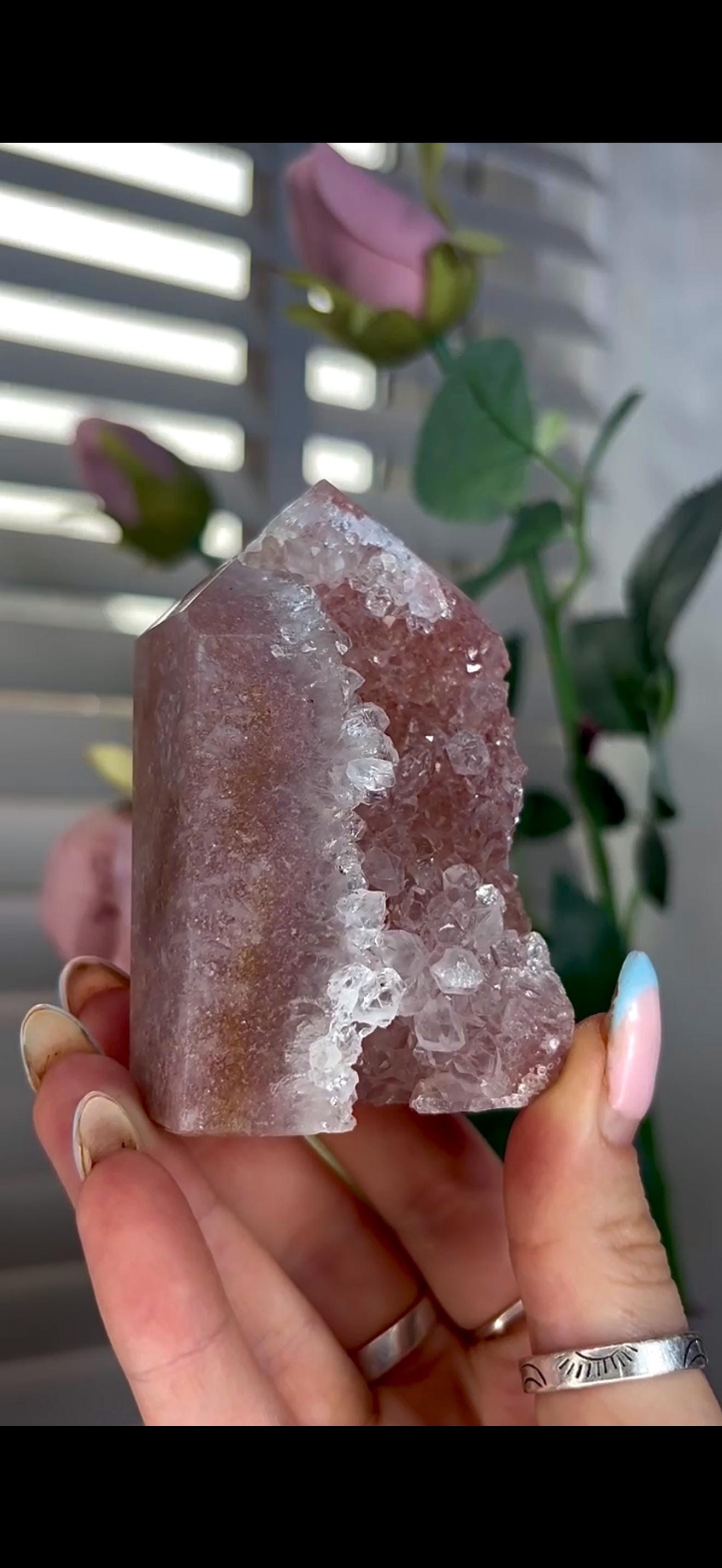 Incredible, high quality, pink amethyst tower in red/pink tones with high quality quartz Druze 234g 8.6cm by 5.6cm