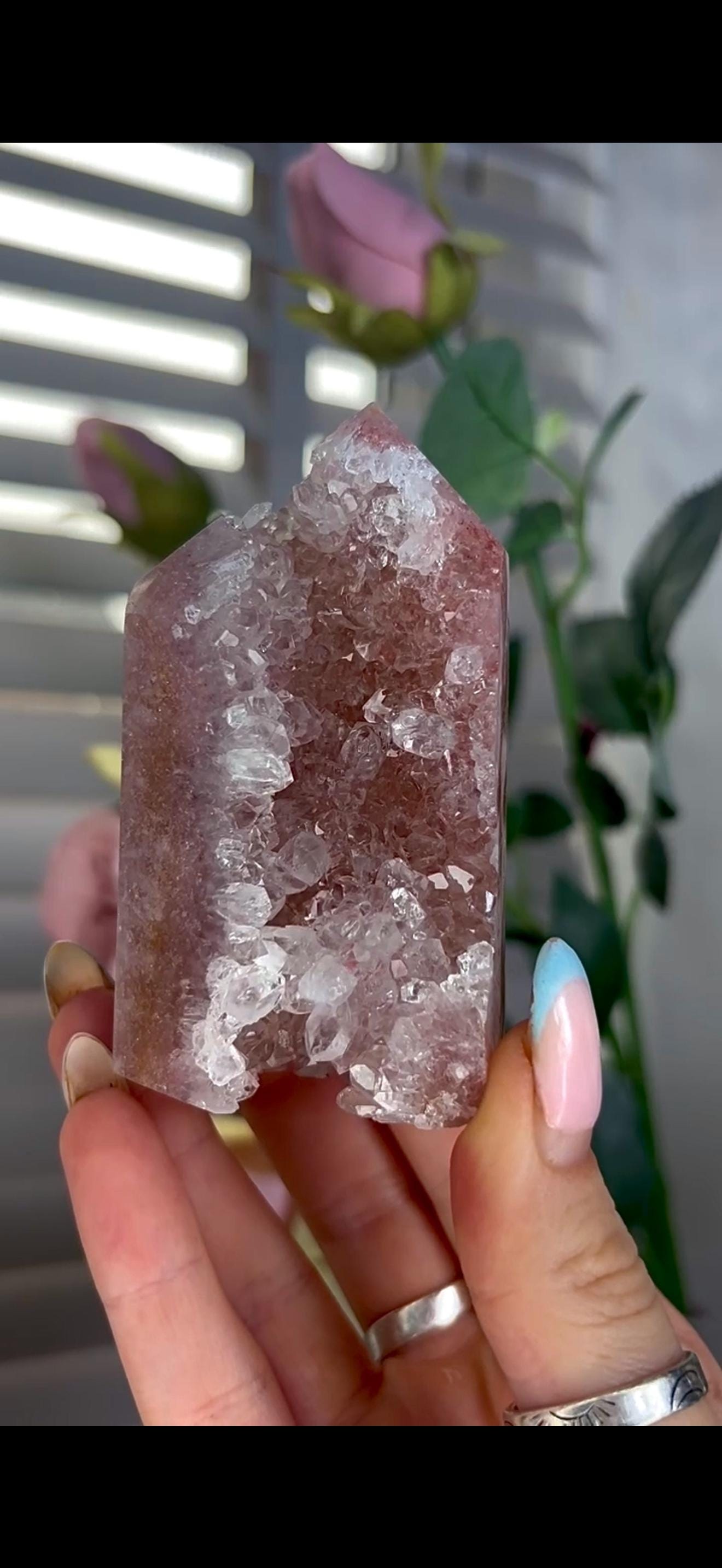 Incredible, high quality, pink amethyst tower in red/pink tones with high quality quartz Druze 234g 8.6cm by 5.6cm