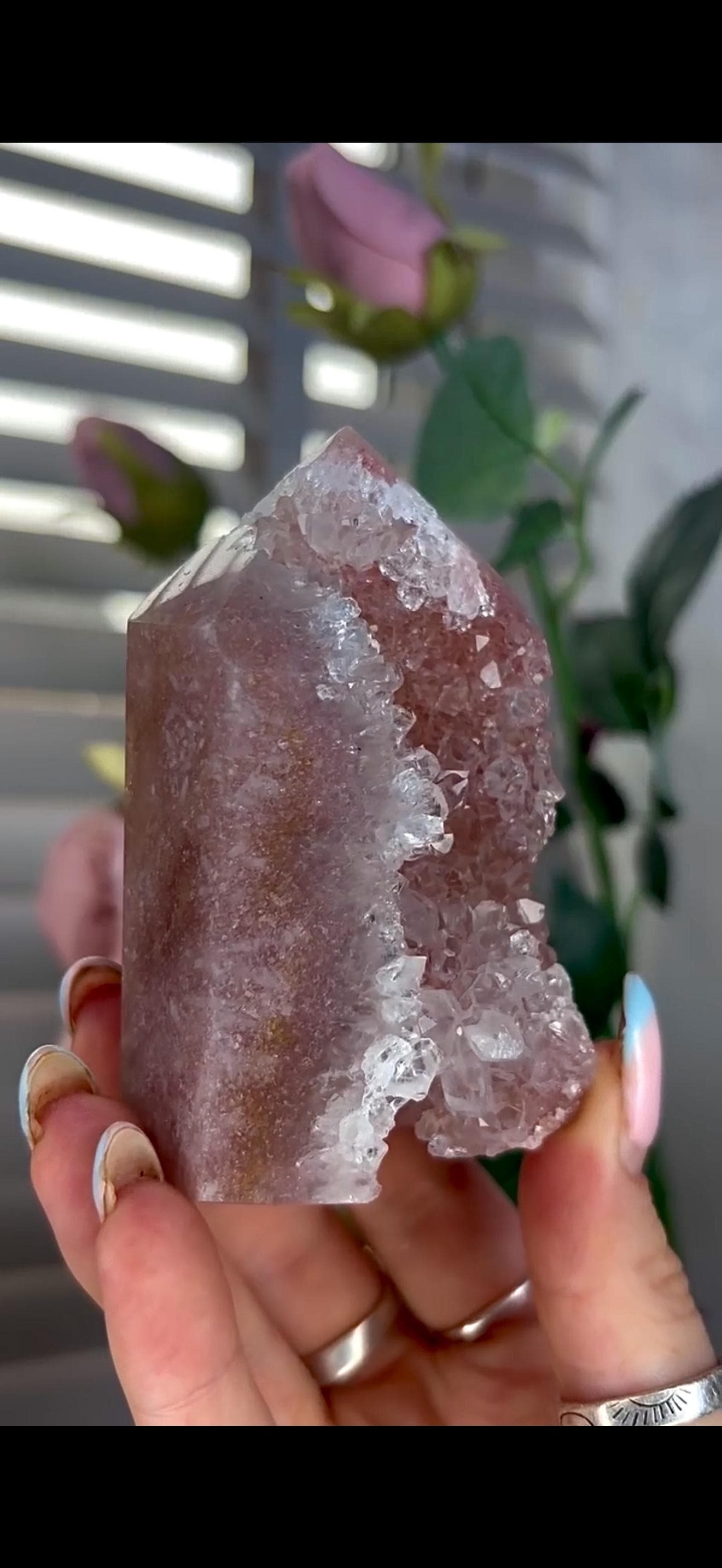 Incredible, high quality, pink amethyst tower in red/pink tones with high quality quartz Druze 234g 8.6cm by 5.6cm