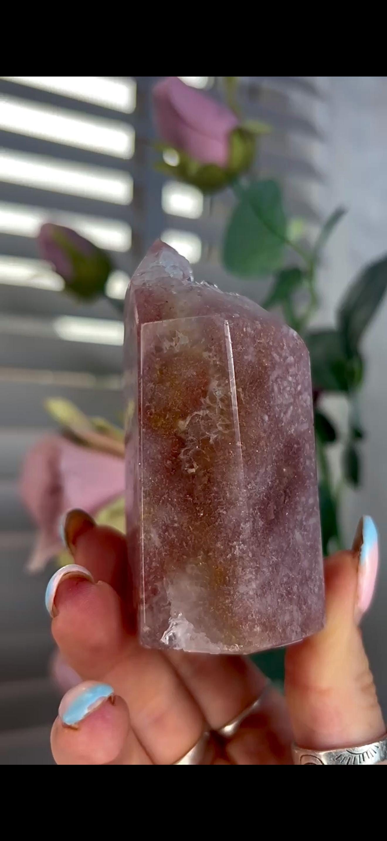 Incredible, high quality, pink amethyst tower in red/pink tones with high quality quartz Druze 234g 8.6cm by 5.6cm