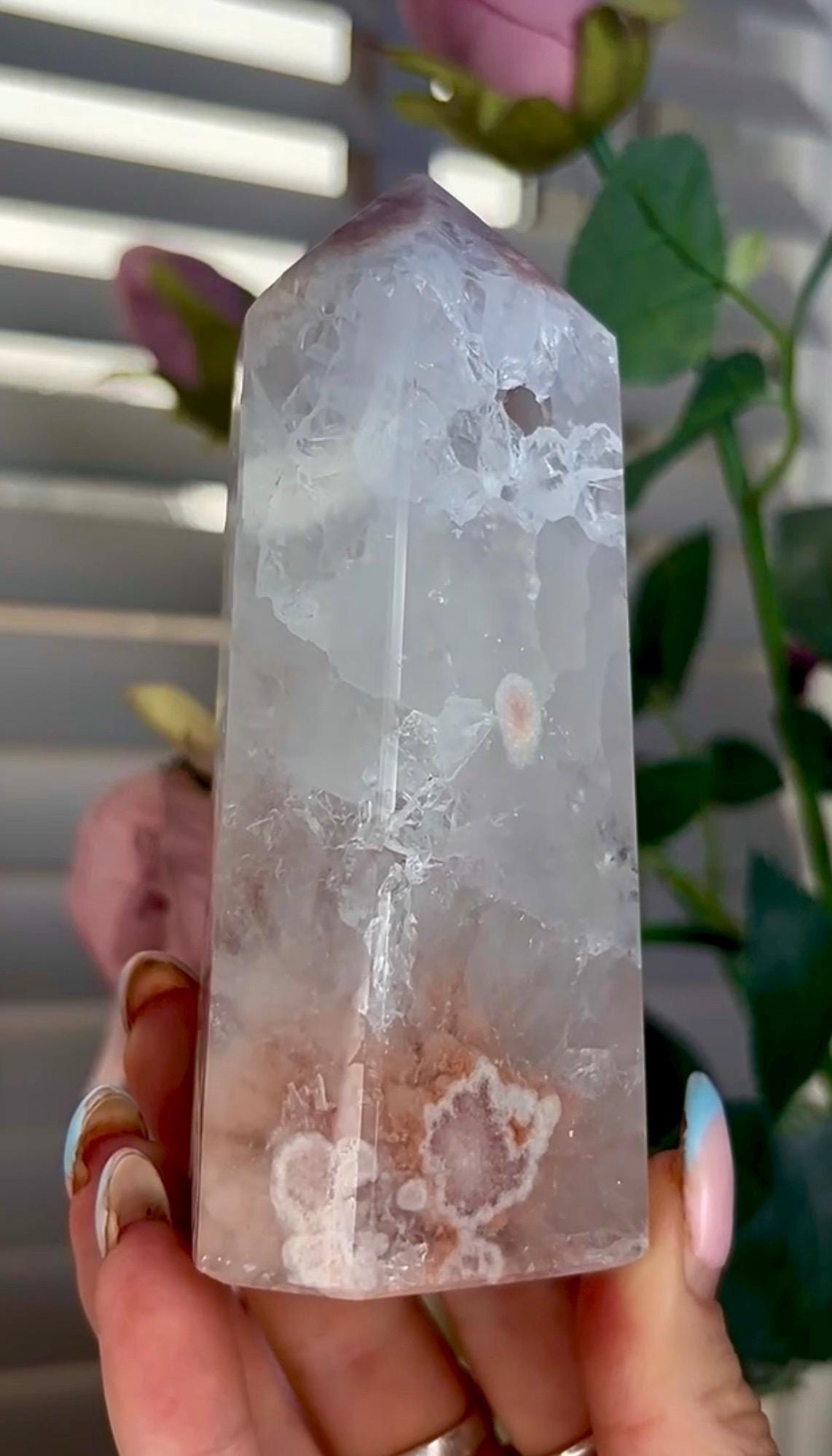 Incredible, high quality, pink amethyst tower with high clarity quartz 426g 12 by 5cm