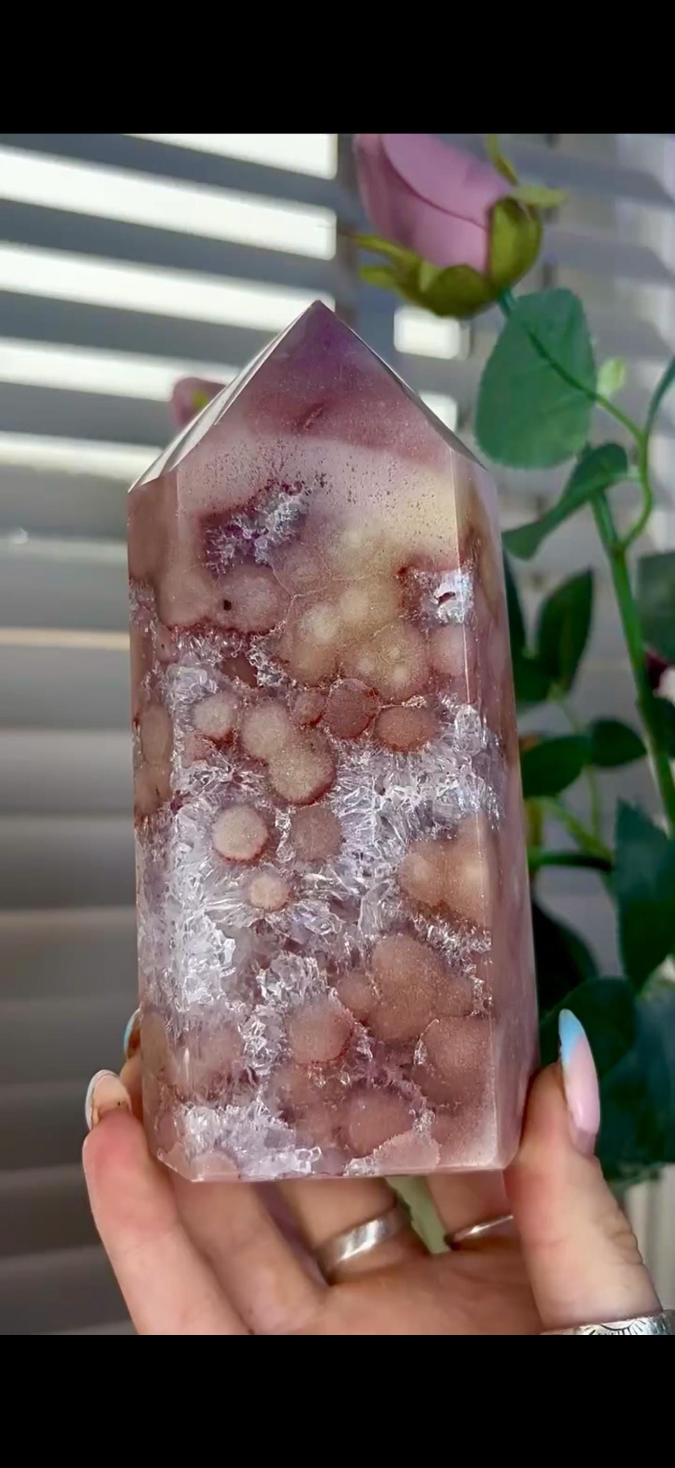 Incredible, high quality, pink amethyst tower with quartz & orb/flower formations 793g 14.4cm by 7cm